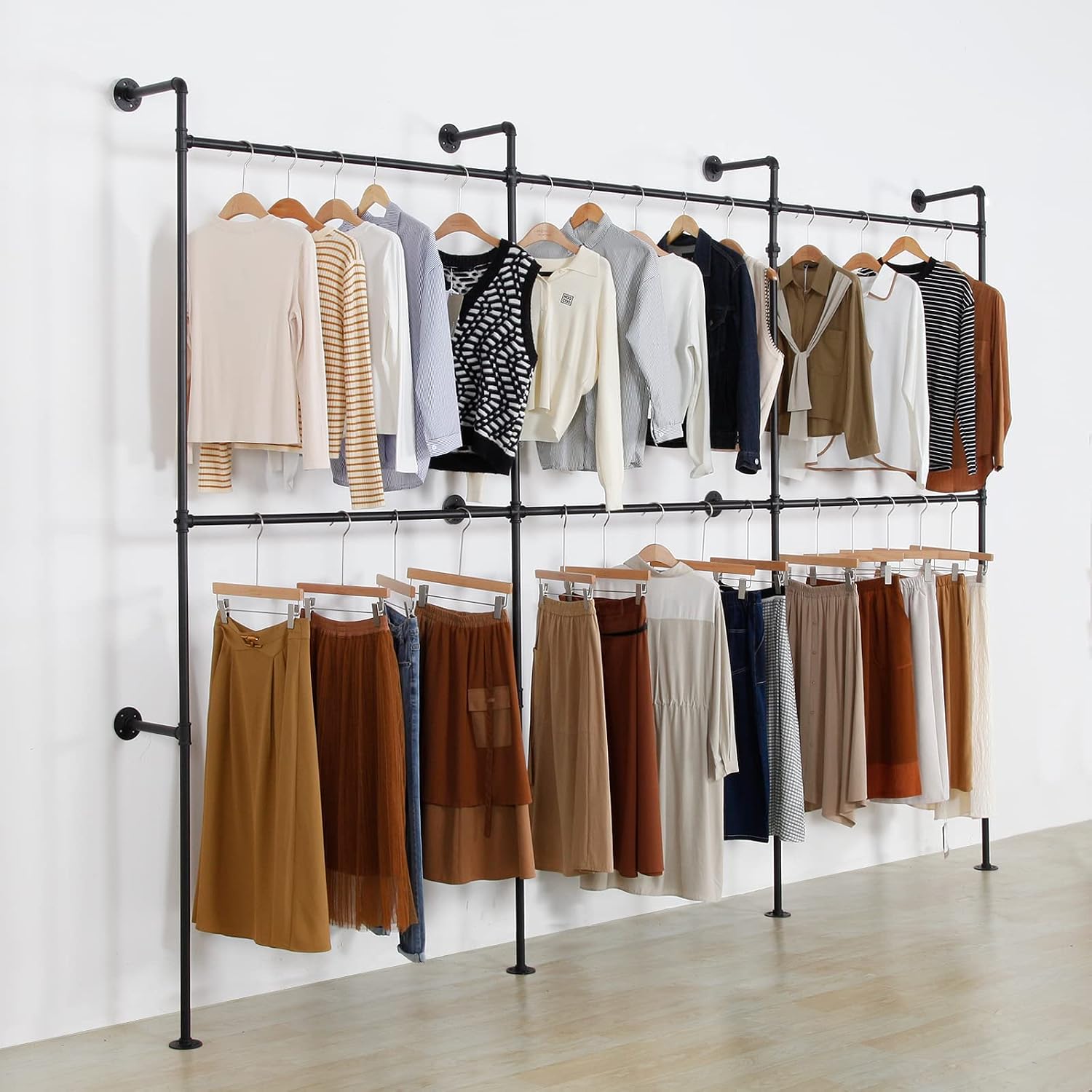Modern Simple Industrial Pipe Clothing Rack, Display Stand Wall Mounted Clothes Garment Rack Heavy Duty Hanging Clothes Rods Bar for Closet Storage, 134in Black