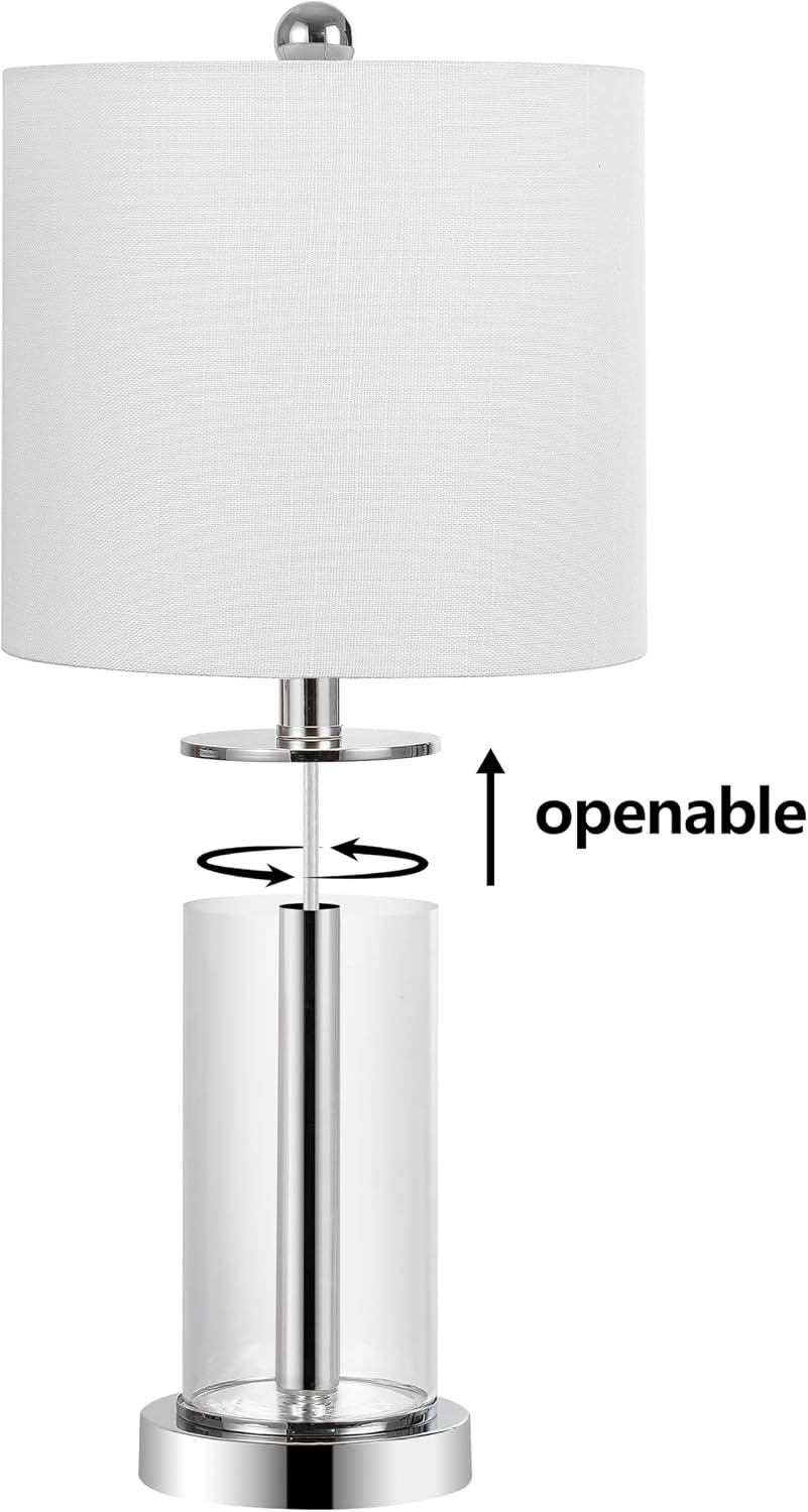 JONATHAN Y 20.5' Chrome Fillable Glass Table Lamp Set of 2, Modern Nightstand Lamps for Living Room Bedroom Office, White Linen Shade, LED Bulbs Included (JYL8508C-SET2)