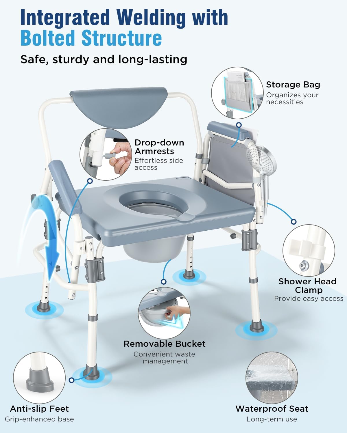 4-in-1 Bariatric Bedside Commode, 1000lbs Heavy-Duty Shower Chair, Drop Armrests, Robust Carbon Steel, 5 Adjustable Height Portable Toilet, Extra-Wide Seat, Raised Toilet Seat for Seniors