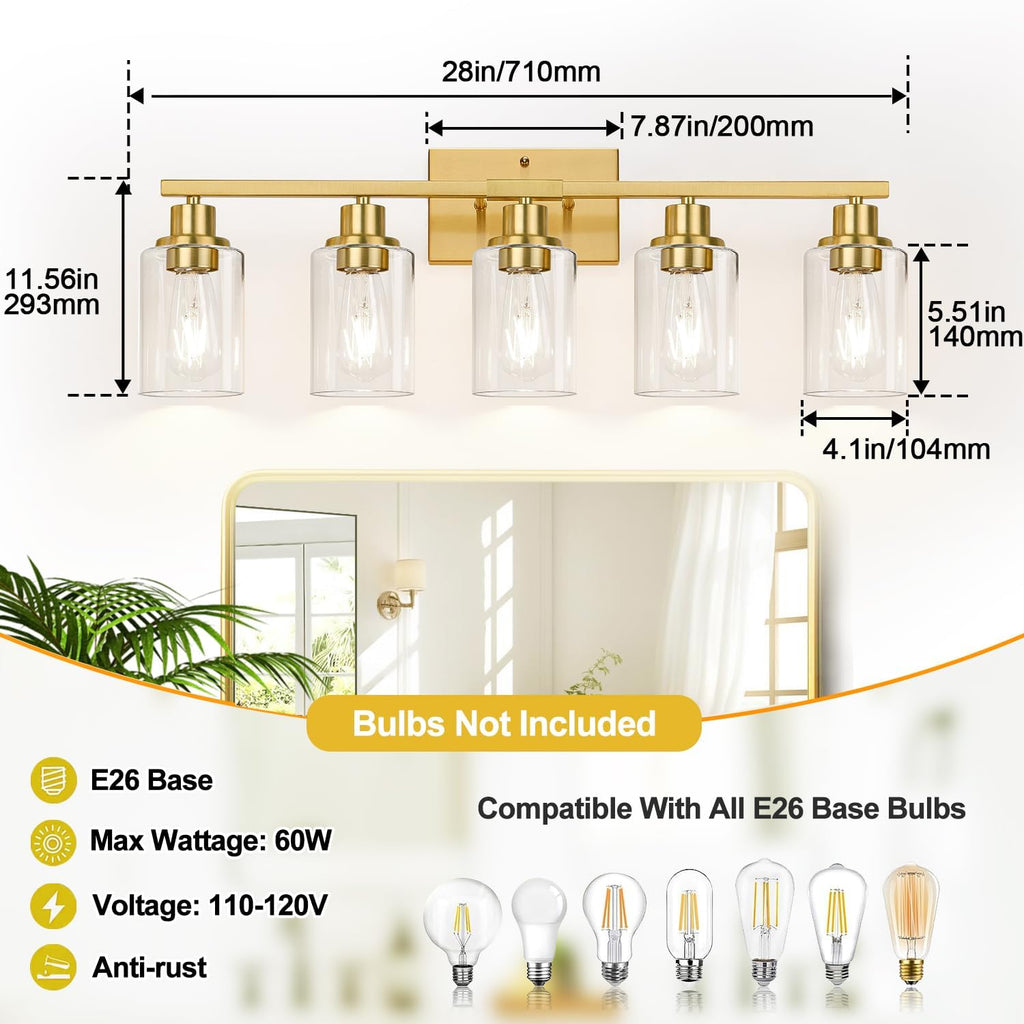Indoi 5-Light Bathroom Vanity Light with Clear Glass Shades, Brushed Gold Bathroom Light Fixtures Over Mirror, Modern Vanity Light for Mirror Living Room Cabinet Bedroom Porch