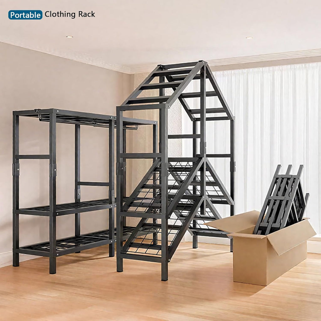 49IN Foldable Portable Armoire Wardrobe Closet for Hanging Clothes Rack, Heavy Duty Covered Clothes Rack with Cover(HARDBOARD Magnetic), Square Tube Black Metal Closet Garment Rack for Bedroom Storage
