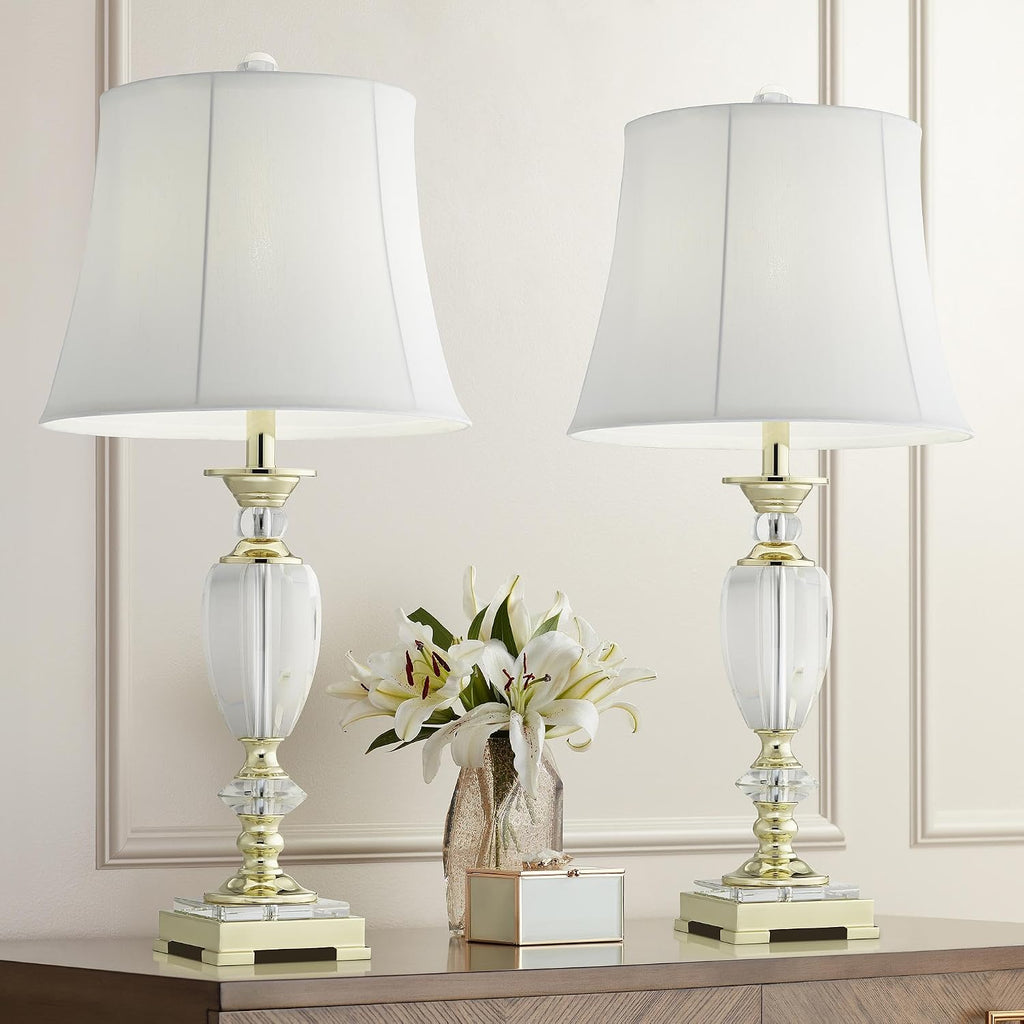 Vienna Full Spectrum Traditional Table Lamps 28 3/4' Tall Set of 2 Brass Clear Faceted Crystal White Fabric Bell Shade Decor for Living Room Bedroom House Bedside Nightstand Home Office Family