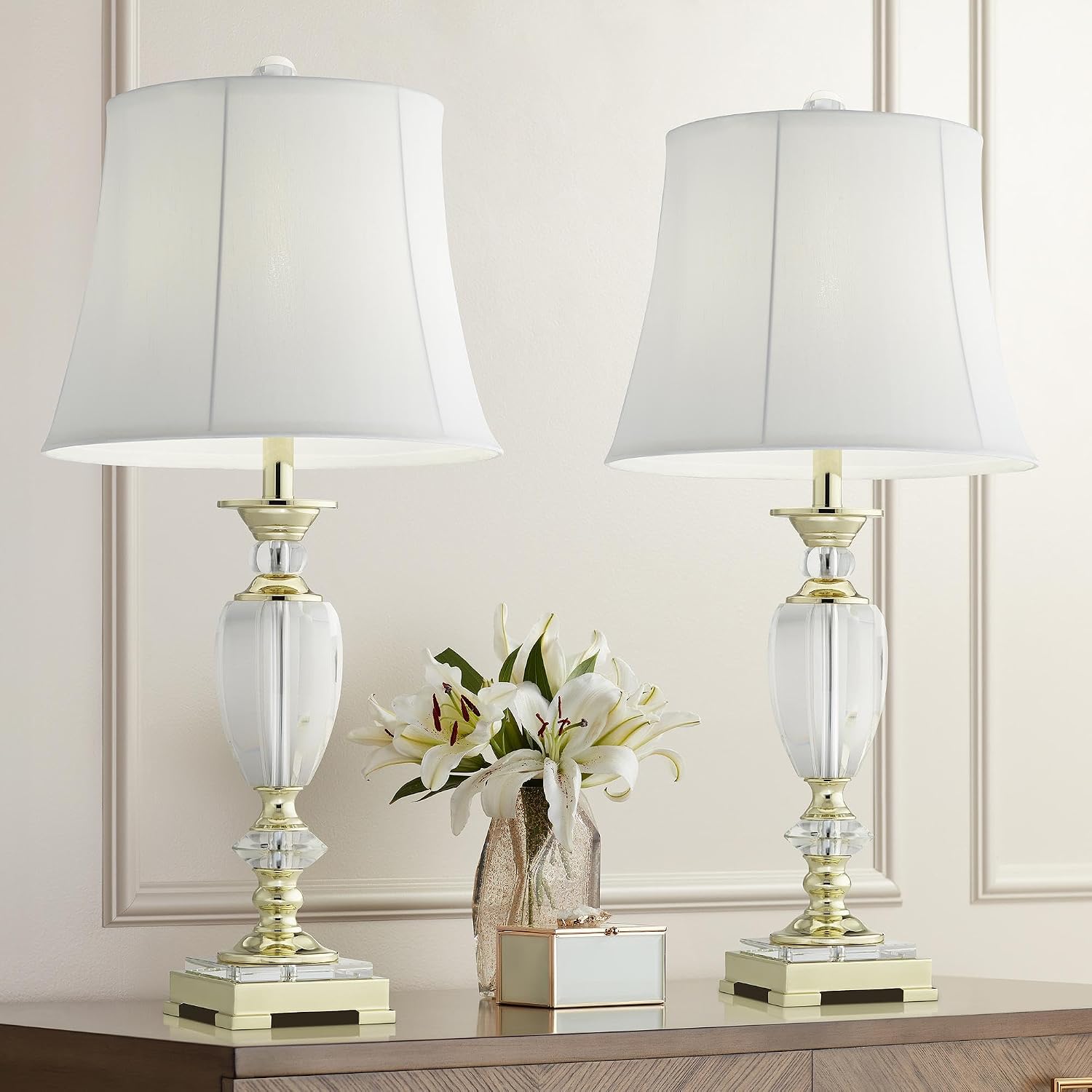 Vienna Full Spectrum Traditional Table Lamps 28 3/4' Tall Set of 2 Brass Clear Faceted Crystal White Fabric Bell Shade Decor for Living Room Bedroom House Bedside Nightstand Home Office Family