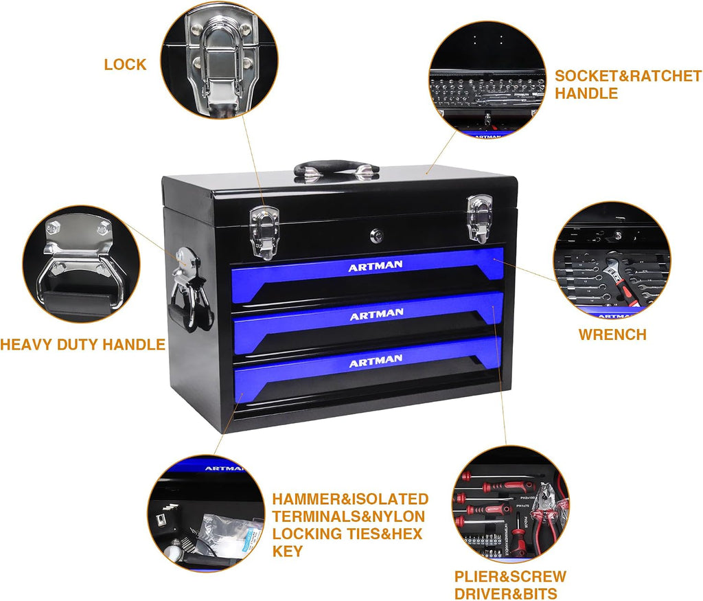 RYH 20' Portable 3-Drawer Steel Toolbox with Lock - Heavy Duty Tool Box Set for Mechanics, Electricians & Home Improvement | Includes Socket Wrench, Pliers, | Gift for Men, Handymen (Black+blue)