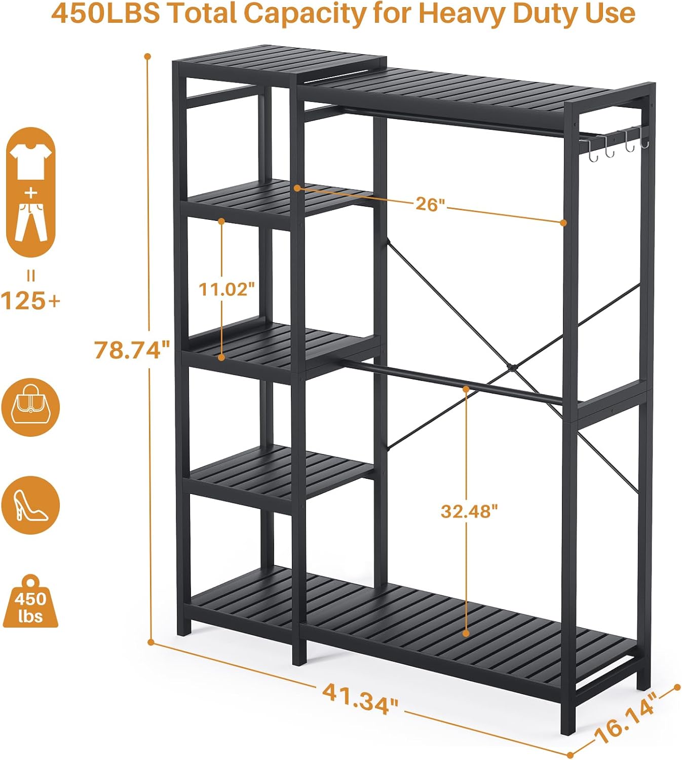 Homykic Bamboo Closet System, Heavy Duty Clothing Rack for Hanging Clothes, Freestanding Clothes Rack with 7 Adjustable Shelves & 2 Rods, 4 Hooks, Open Wardrobe Organizer Garment Rack, Dark Black
