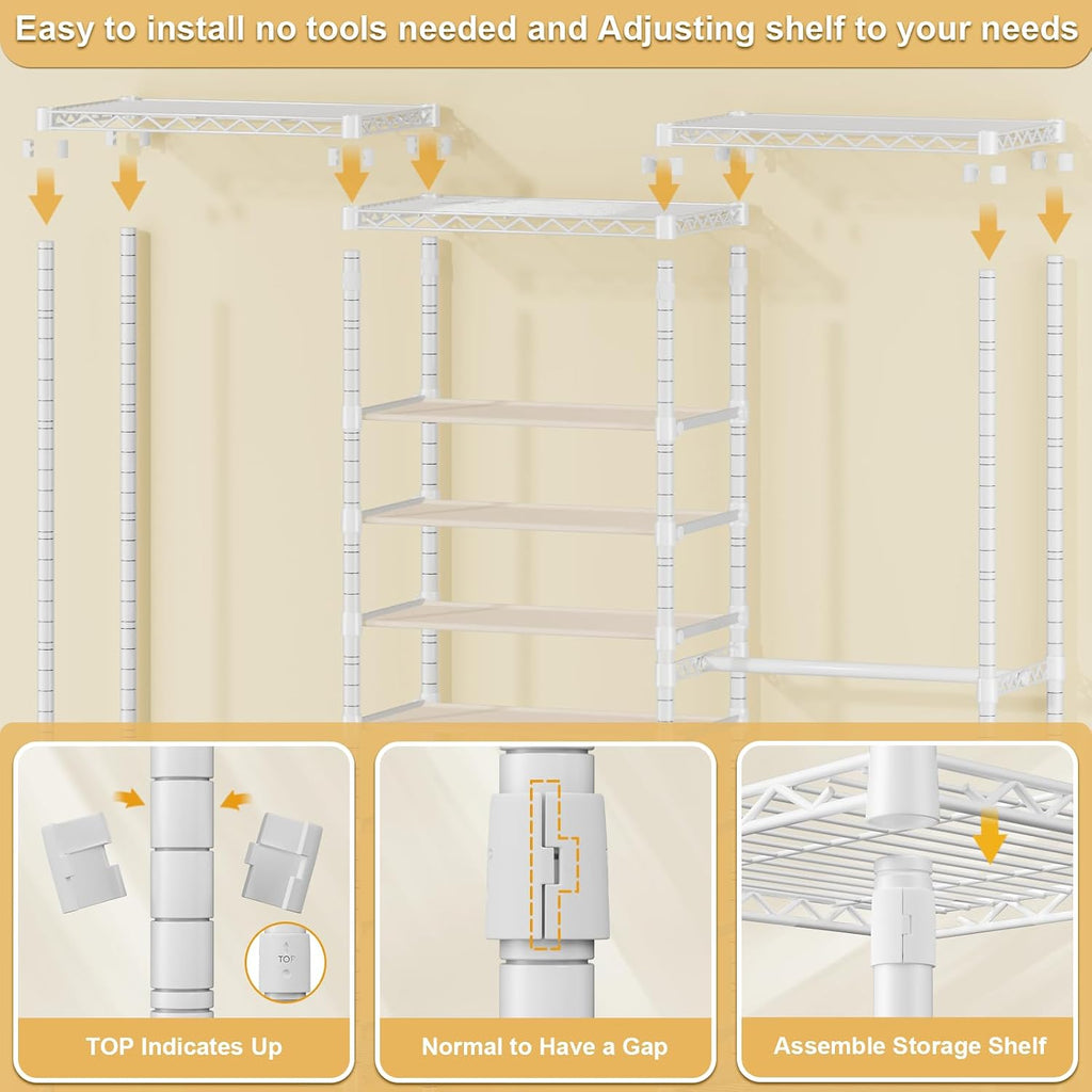 ULIFHOME E16 Heavy Duty Clothing Rack（With 7-Tier Adjustable Shoe Rack） Freestanding Clothes Rack for Hanging Clothes，Metal Closet Storage Organizer Large Wardrobe，69'' W x 15.8'' D x 76.2'' H，White