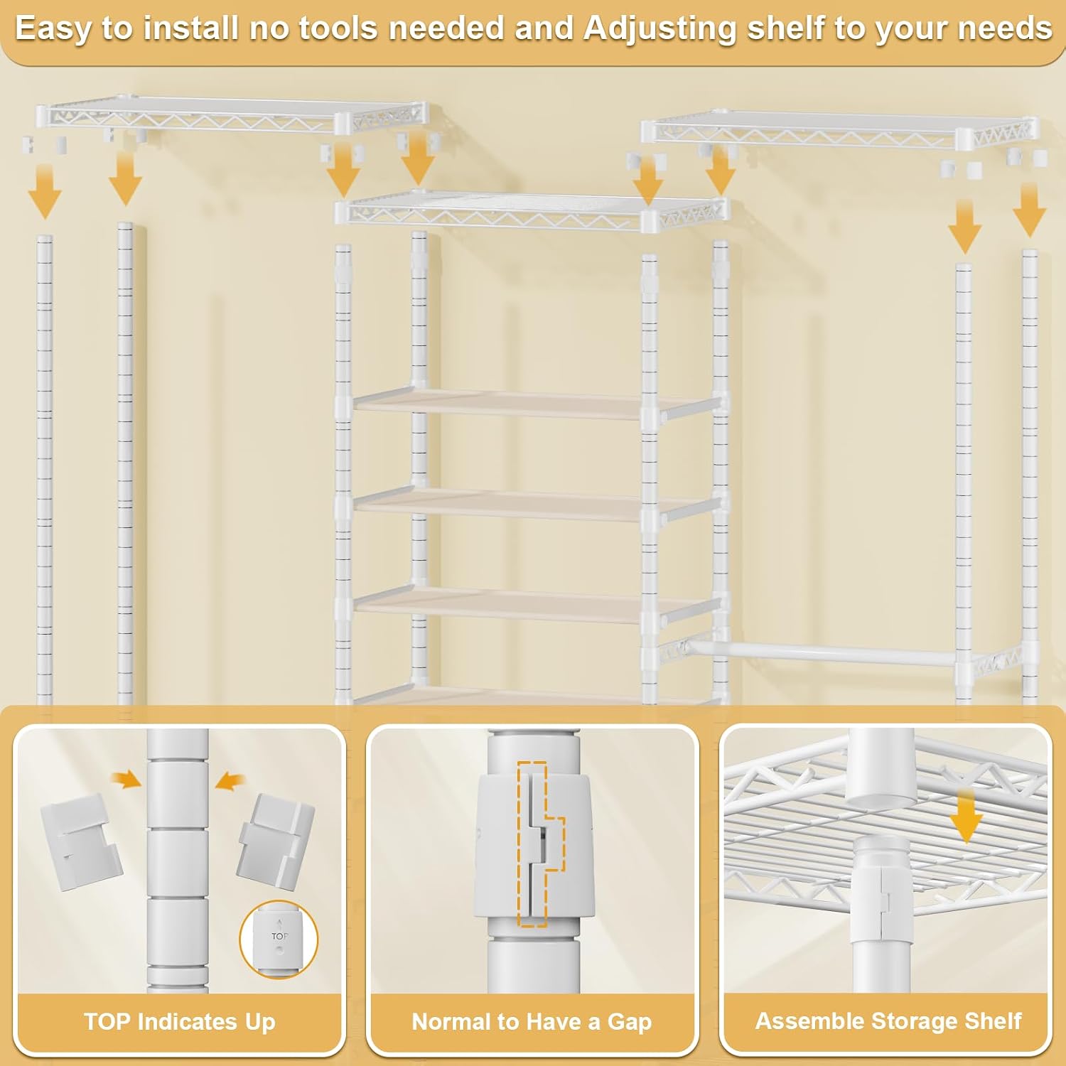 ULIFHOME E16 Heavy Duty Clothing Rack（With 7-Tier Adjustable Shoe Rack） Freestanding Clothes Rack for Hanging Clothes，Metal Closet Storage Organizer Large Wardrobe，69'' W x 15.8'' D x 76.2'' H，White