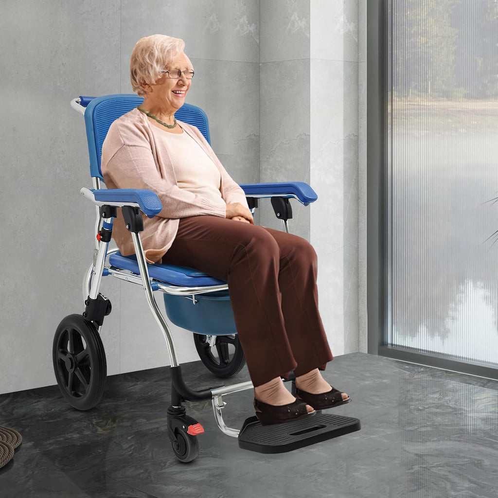 Adjustable Shower Commode Wheelchair, 275lbs Capacity Aluminum Shower Chair, Padded Seat & Commode Opening - Portable Bathroom Wheelchair for Adults, Elderly, Patient Home Care