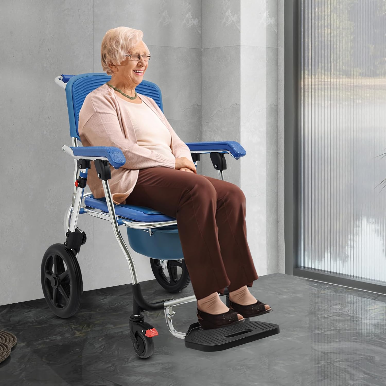 Adjustable Shower Commode Wheelchair, 275lbs Capacity Aluminum Shower Chair, Padded Seat & Commode Opening - Portable Bathroom Wheelchair for Adults, Elderly, Patient Home Care
