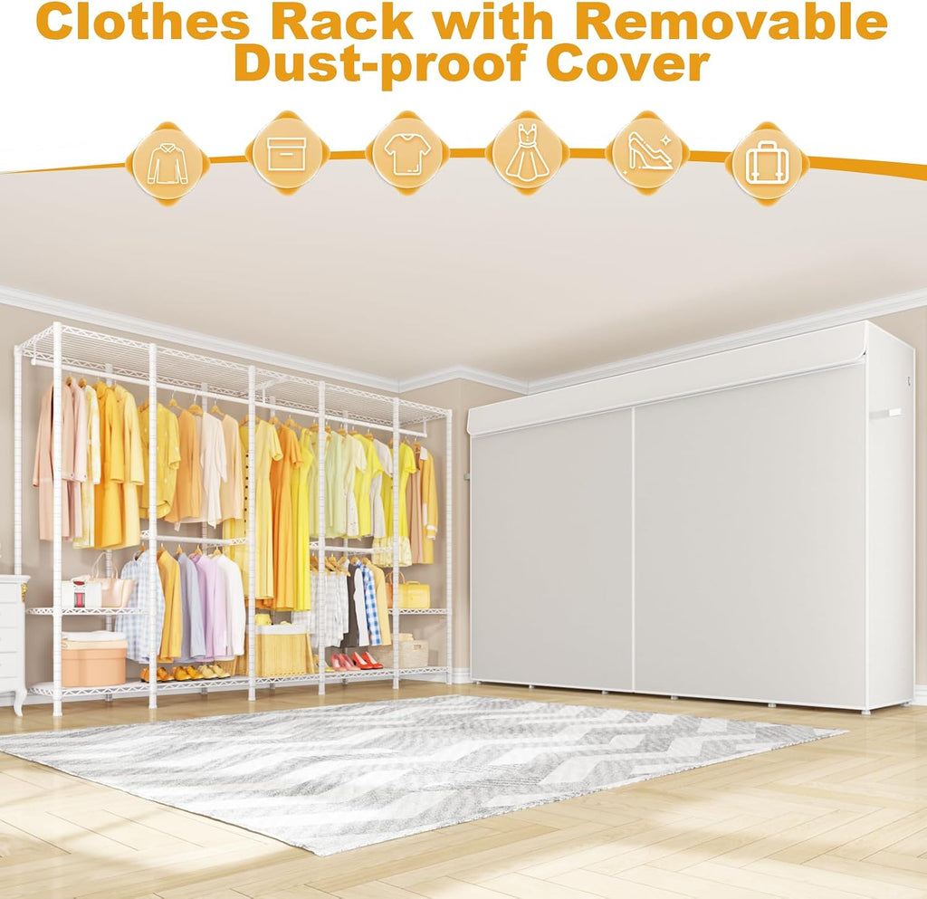 ULIFHOME H50C Extra Large Clothes Rack with Cover, Freestanding Portable Closet, Covered Clothing Racks for Hanging Clothes, Heavy Duty Garment Rack, Wardrobe Closet with White Cover Max Load 1350 Lbs