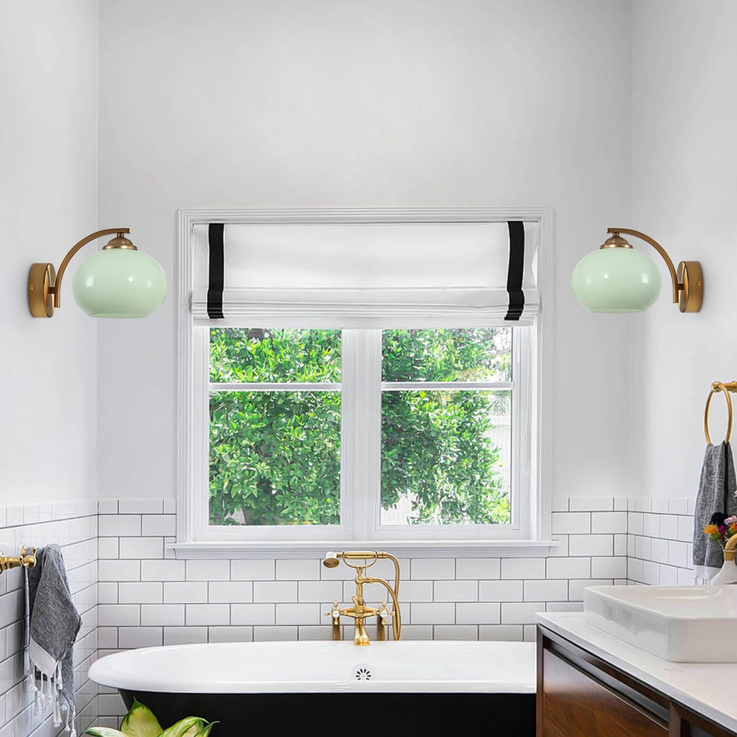 Green Glass Kitchen Sconce Light Brushed Gold Bathroom Vanity Light Vintage Hardwired Wall Sconce Set of 2 Mid Century Modern Wall Lighting
