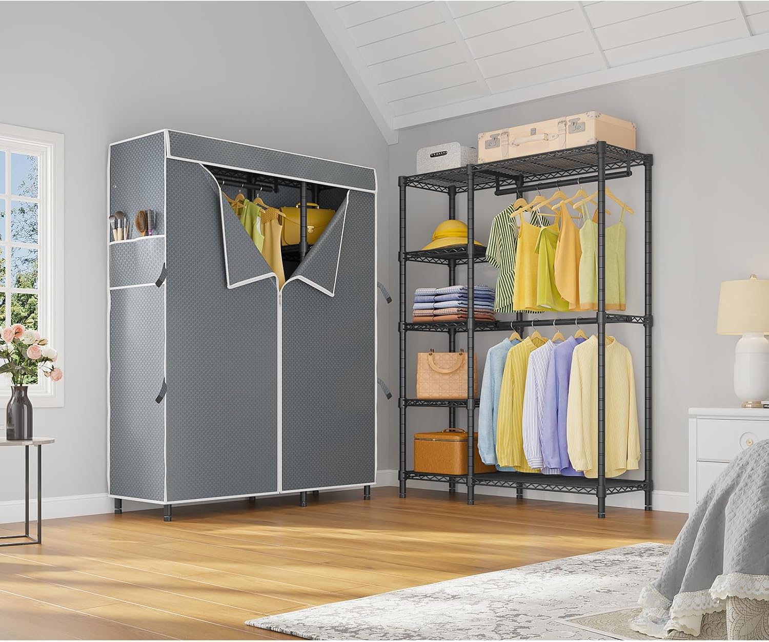 VIPEK V7C Garment Racks with Cover Portable Closets for Hanging Clothes, Heavy Duty Clothes Rack with Shelves Metal Closet Wardrobe, Max 670lbs, Black Rack with Grey Upgraded Polyester Cover