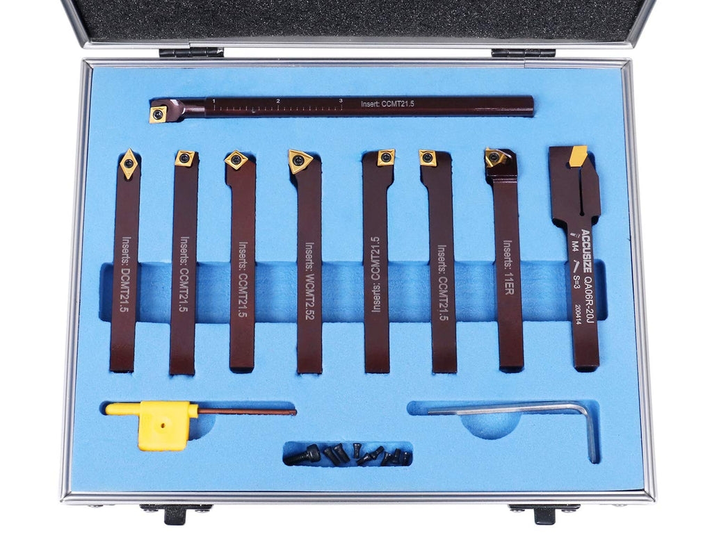 Accusize Industrial Tools 3/8' 9 Pieces/Set, Indexable Carbide Turning Tools and Boring Bar, 2988-0038 | 3/8' Shank 9pc Indexable Carbide Turning Tool & Boring Bar Set, C6 Grade Carbide TiN-Coated Inserts for Cutting Steel