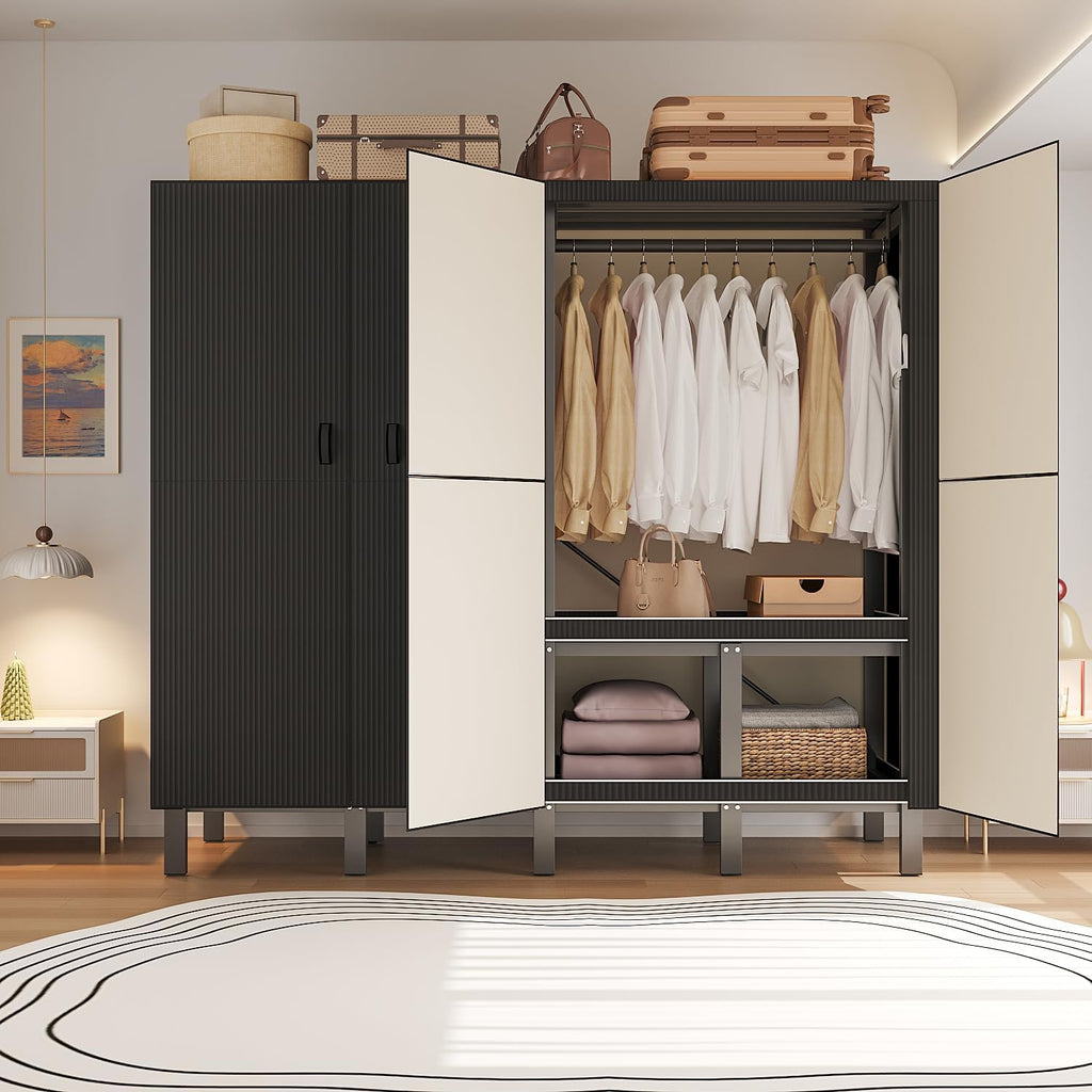 33.5in Foldable Heavy Duty Rolling Covered Metal Garment Rack on Lockable Wheels Large Capacity 360°Enclosed Portable Wardrobe Closet for Hanging Clothes (B, Black Door, 85cm/33.5in)