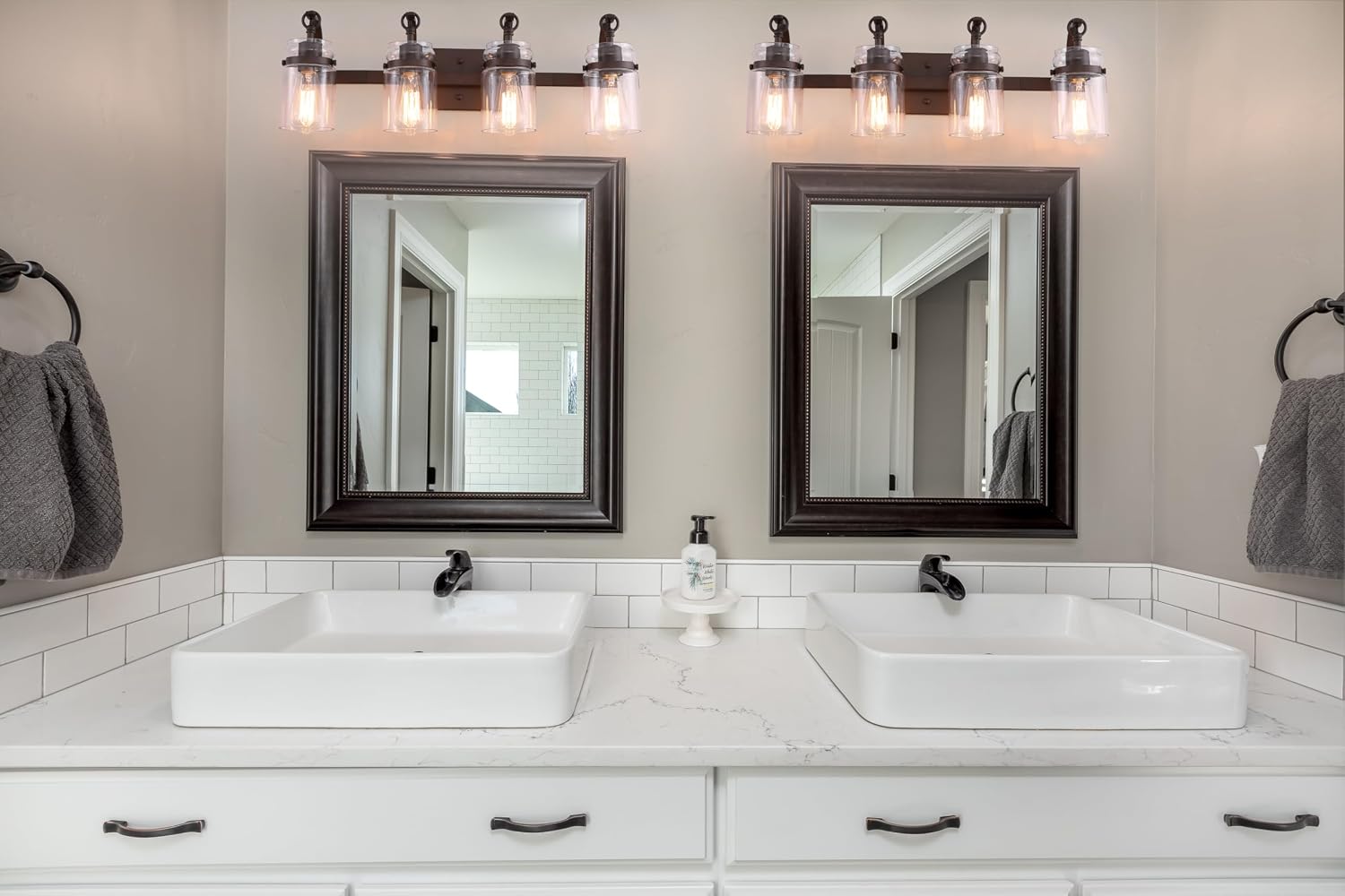 4 Light Bathroom Vanity Light, Oil Rubbed Bronze Bathroom Light Fixtures Over Mirror, Farmhouse Vanity Light with Clear Glass Shade