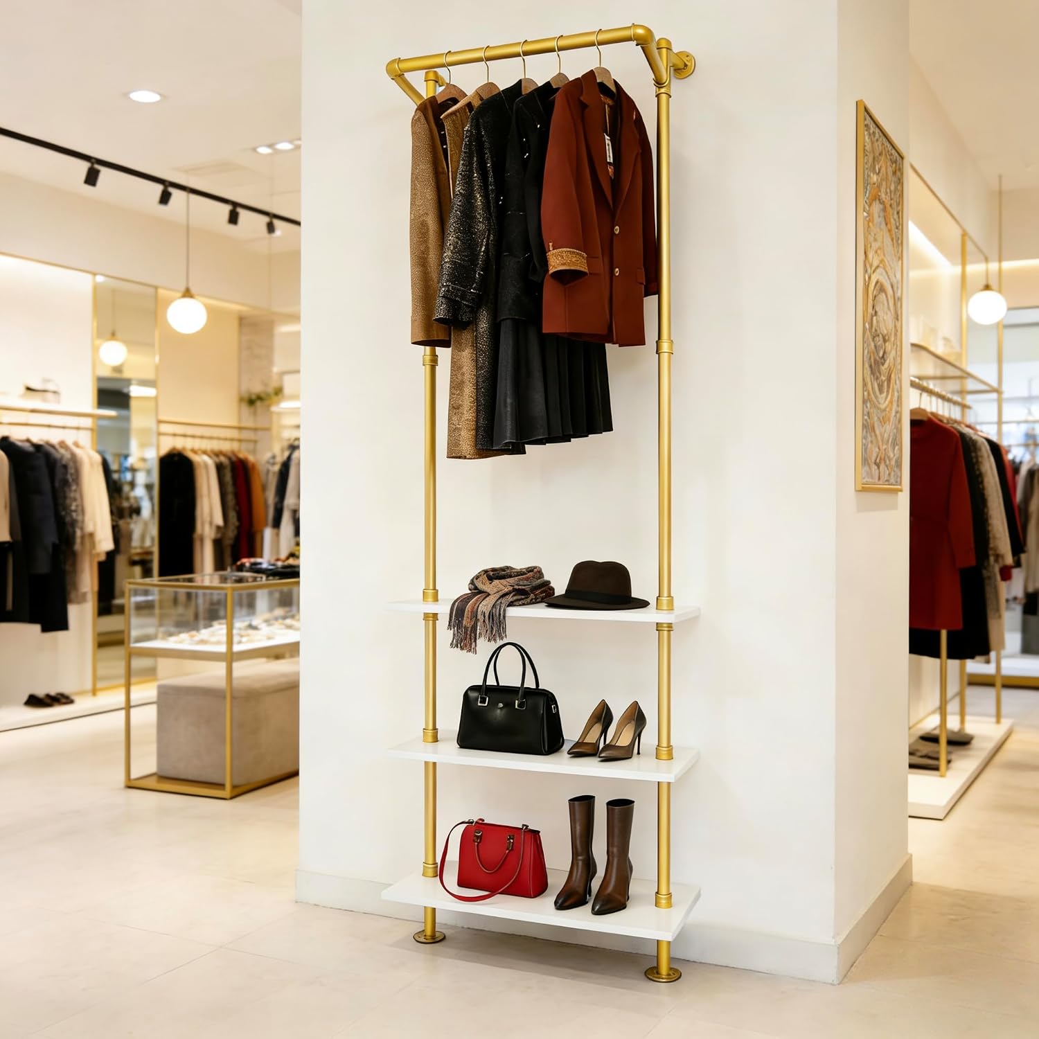 Gold Clothing Racks Wall Mounted Metal Clothes Rack with 3 Wood Shelves, Display Retail Clothing Garment Rack and Walk In Closet for Hanging Clothes Heavy Duty for Boutiques, Wardrobe, Bedroom