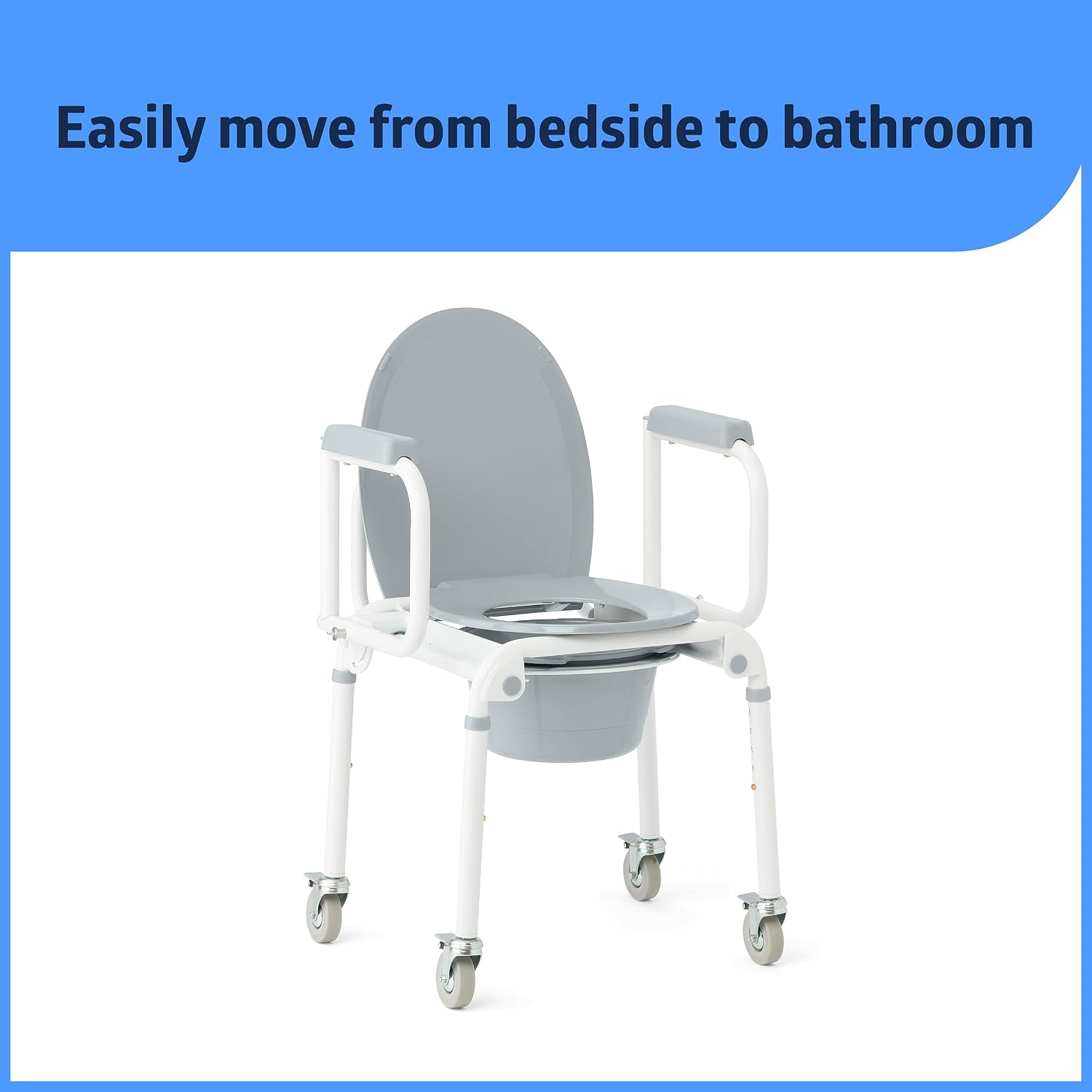 Medline Aluminum Drop-Arm Bathroom Chair Commode with 4 Locking Casters, 300 lbs. Capacity, for Restroom, Elderly, Adults, Bariatric & Wheelchair Transfer to Toilet