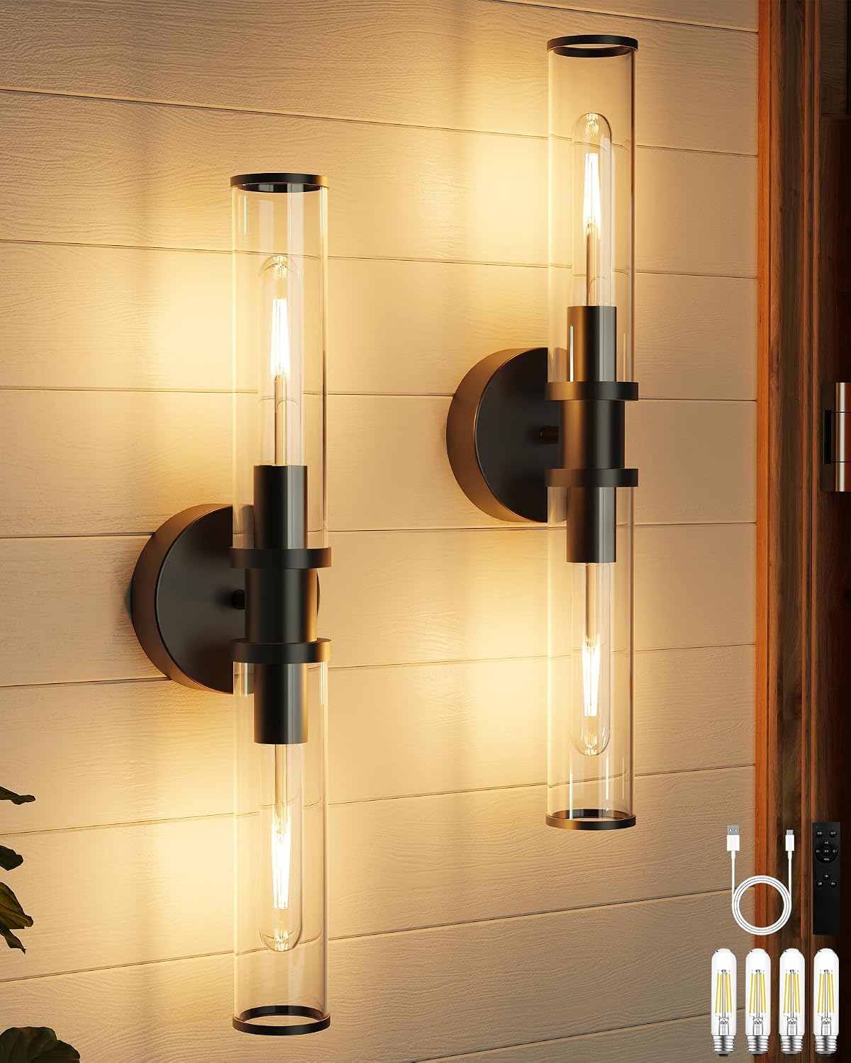 Rayogale Black Wireless Battery Operated Wall Sconces with Remote Control | Glass Rechargeable Wall Lights Set of 2 with Timer Function Dimmable for Living Room Bedroom Emergency 3000K, 20.5 Inch
