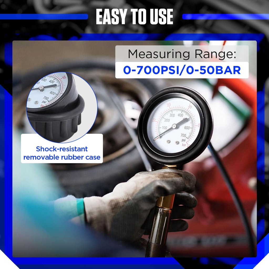Compression and Leakage Test Kit 47PCS Petrol & Diesel Engine Compression Tester Automotive Cylinder Leak Down Tester Kit with Dual Gauge Engine Compression Tester Kit for HDi, TDCi, Pumpe Duse Engine