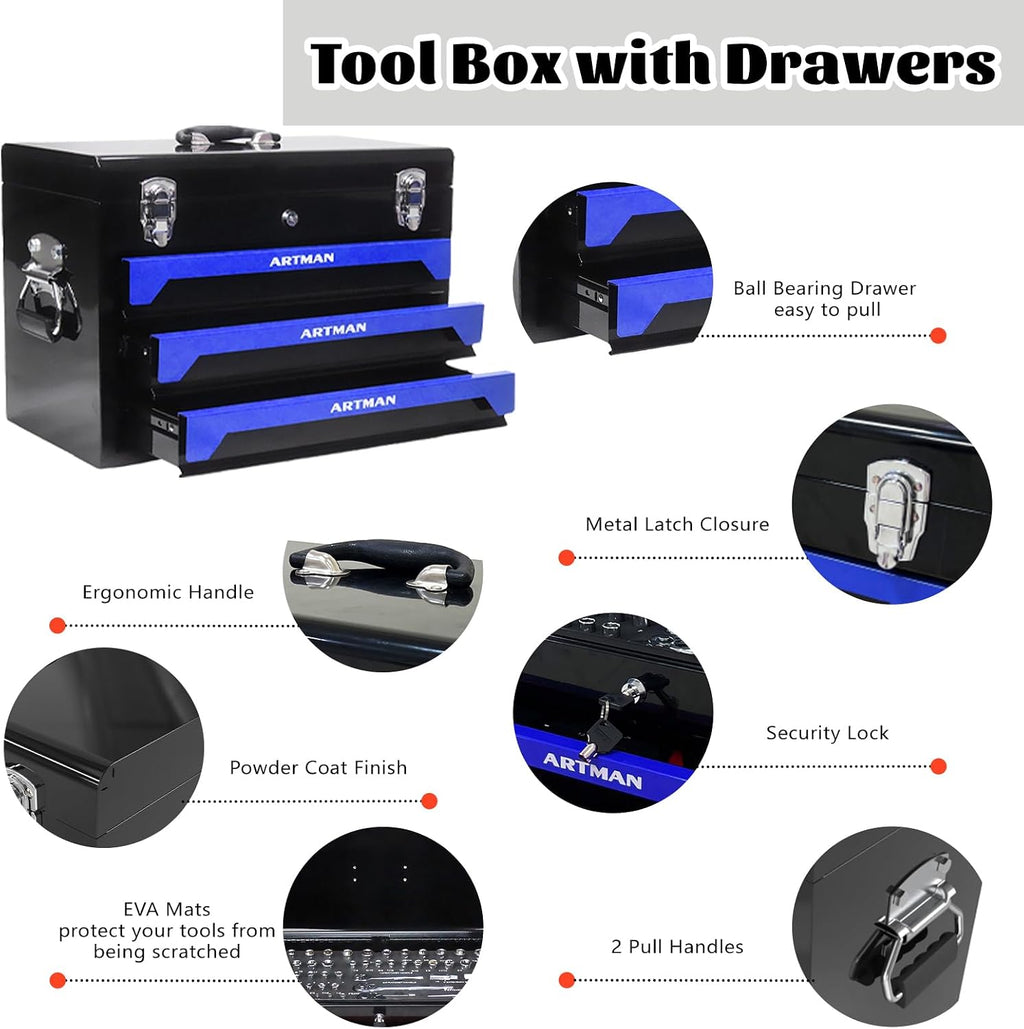3 Drawer Tool Chest 439-Piece Mechanics Tool Set with Lock, Portable Household Tool Kit Heavy Duty Metal Tool Box for Garage, Warehouse,Workshop and Auto Repair (Blue)