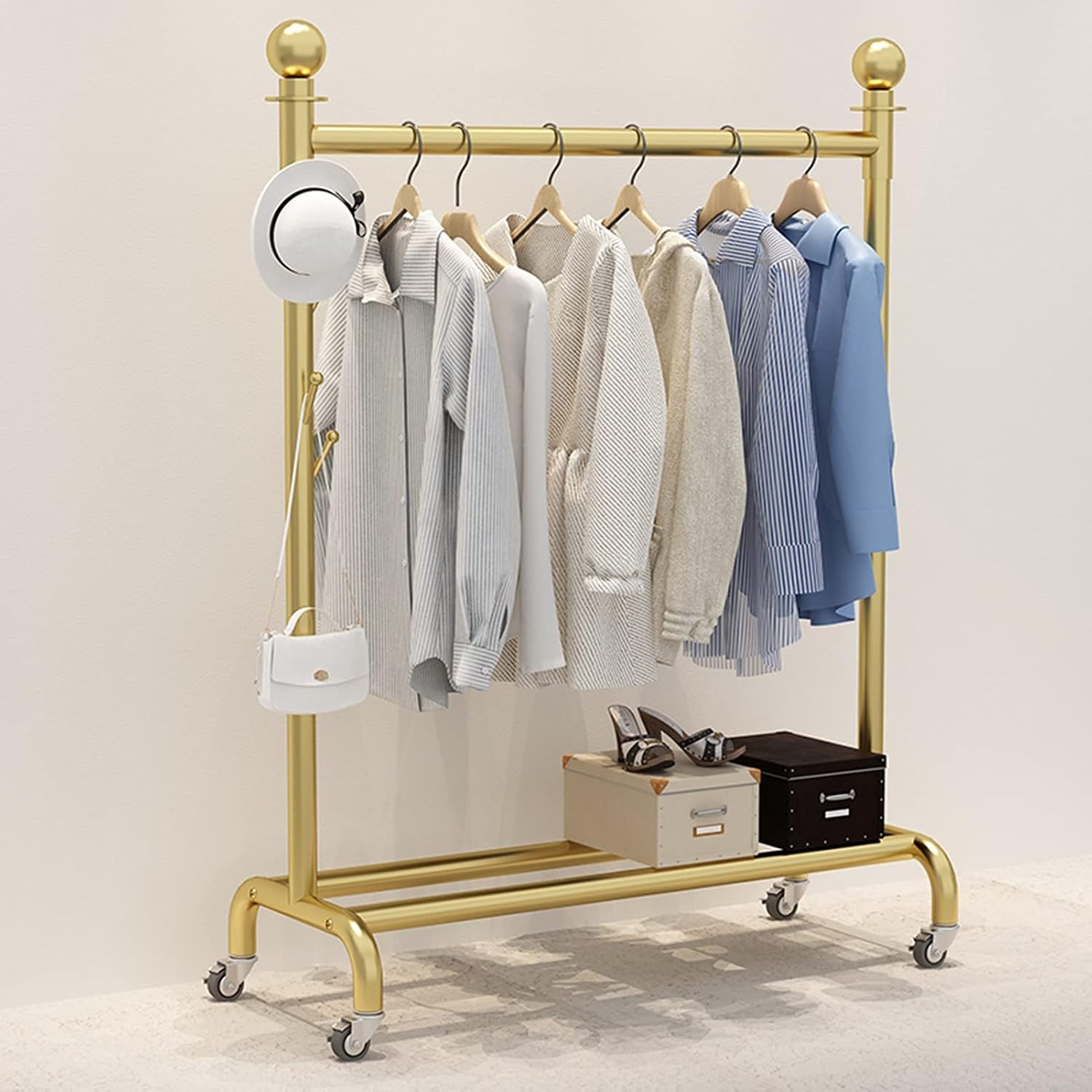 Gold Rolling Garment Rack with Shelf & Wheels - 80x40x155CM Portable Clothes Rail for Bedroom, Living Room & Retail Display - Stylish Clothing Organizer & Storage Solution