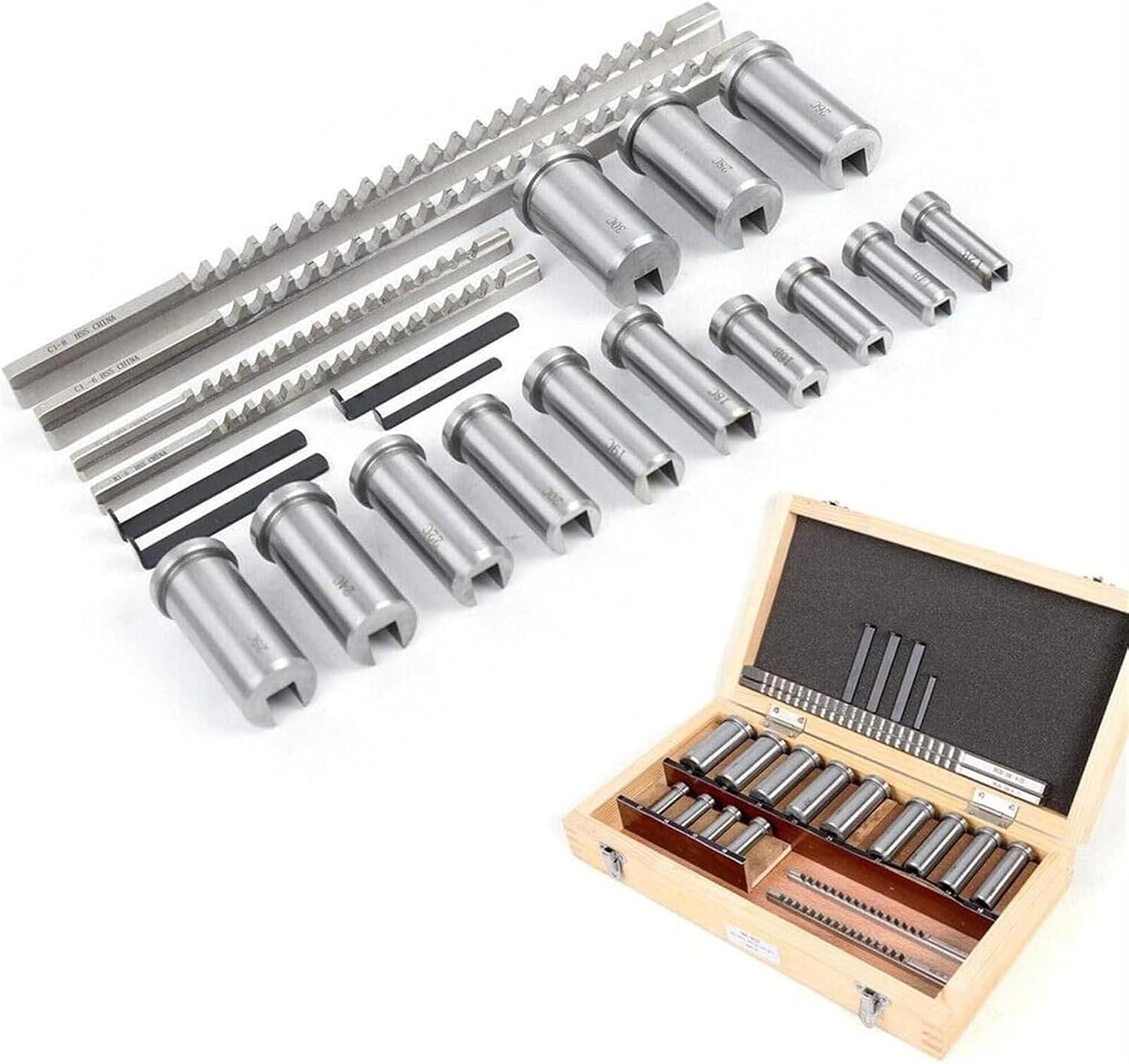 PUCHEN Metal Lathe Wood Splitting Drill Bit Keyway Broach Kit, 22 Pieces Keyway Broach Set with Collar, Shim Sets in Equipped Box, High Speed Steel Material, Industrial Tools, PUCHEN1234
