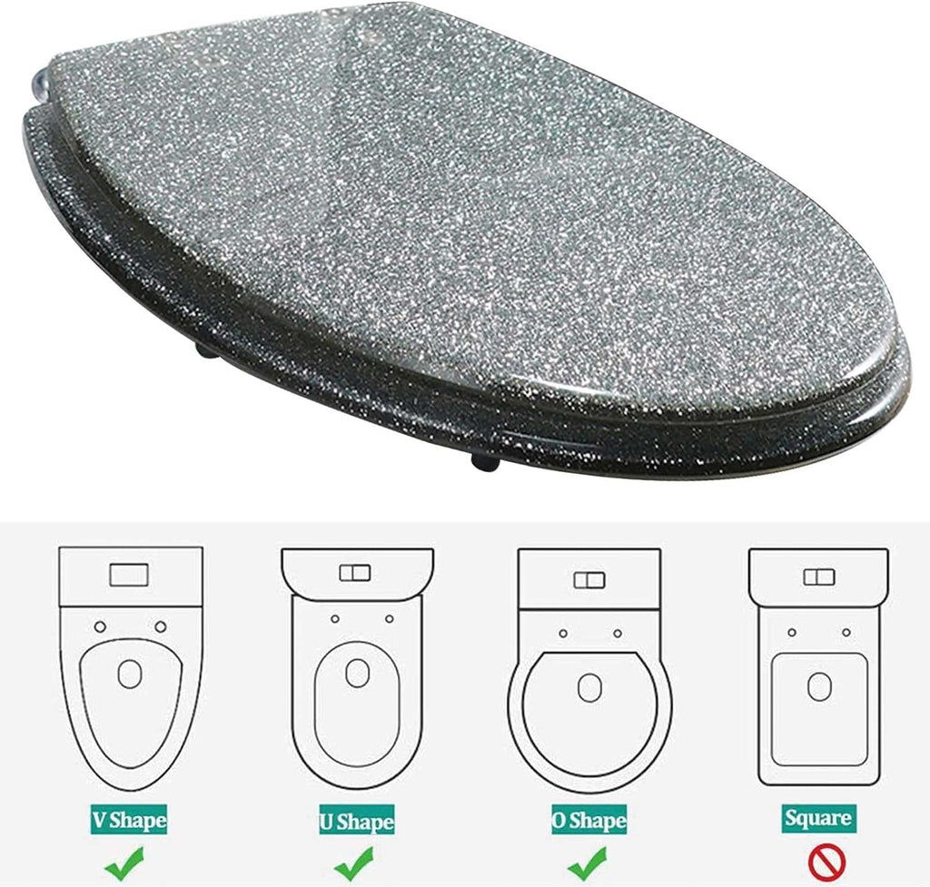 Toilet Seat Glitter Toilet Seat with Soft Close Quick Release for Easy Clean, Oval Loo Seat with 360 Degree Adjustable Stainless Steel Hinge(Silver)