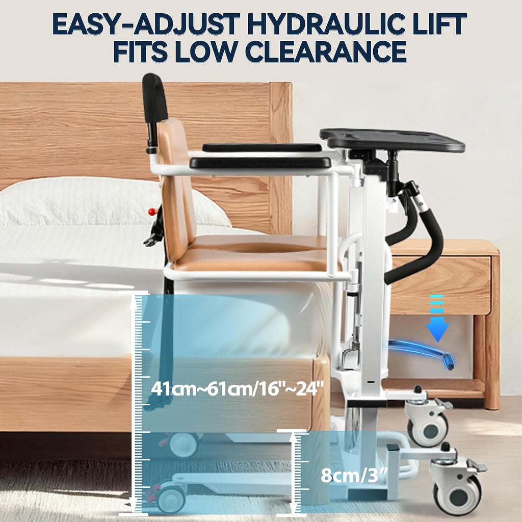 Patient Lift Transfer Chair, 6 in 1 Hydraulic Patient Lift Chair with 180°Split Seat, Height Adjustable Commode Wheelchair Transfer with 4 Locking 360°Swivel Casters for Home Elderly Handicapped