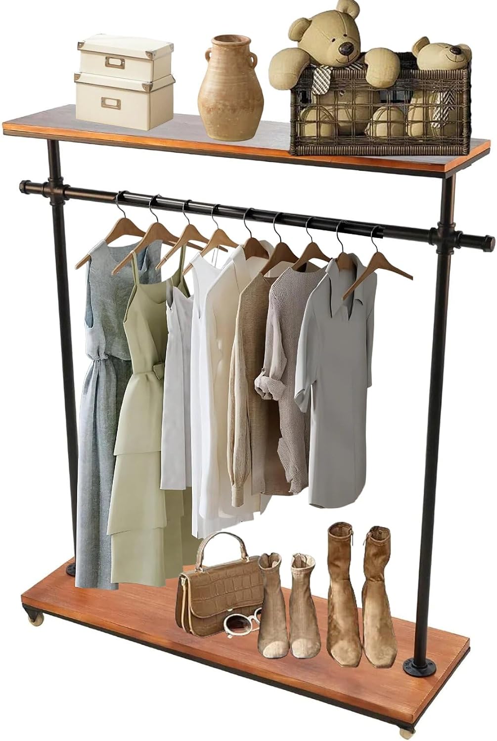 Industrial Pipe Clothing Rack, Pine Wood Shelving, Shoes Rack with Wheels, Cloth Hanger, Household Shoe Rack, Pipe Shelf, Garment Racks