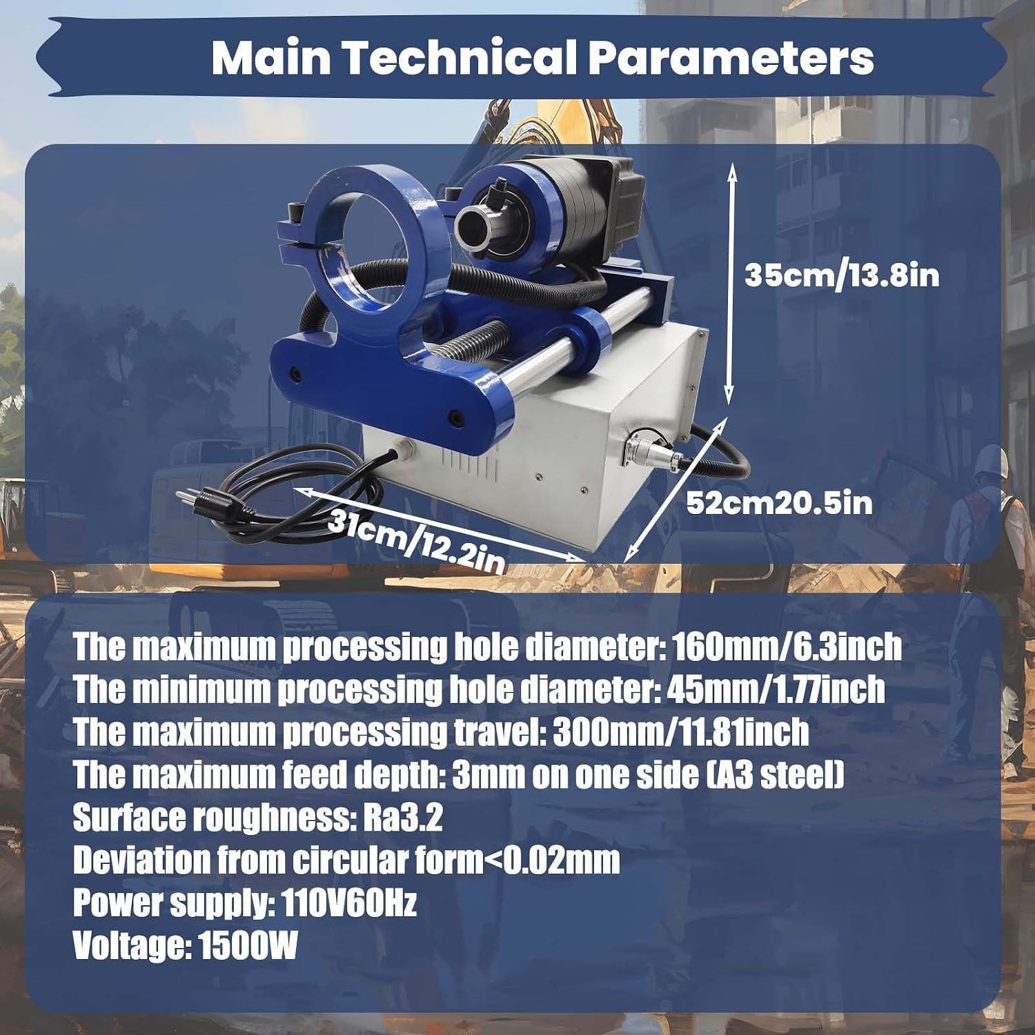Portable Line Boring Hole Drilling Machine with End Face Repair, 1.77-6.29 Inch Bore Diameter, 5.24ft Bar Rod Control Handle, 110V, 1500W for Excavator Loader Engineering Machinery Boring