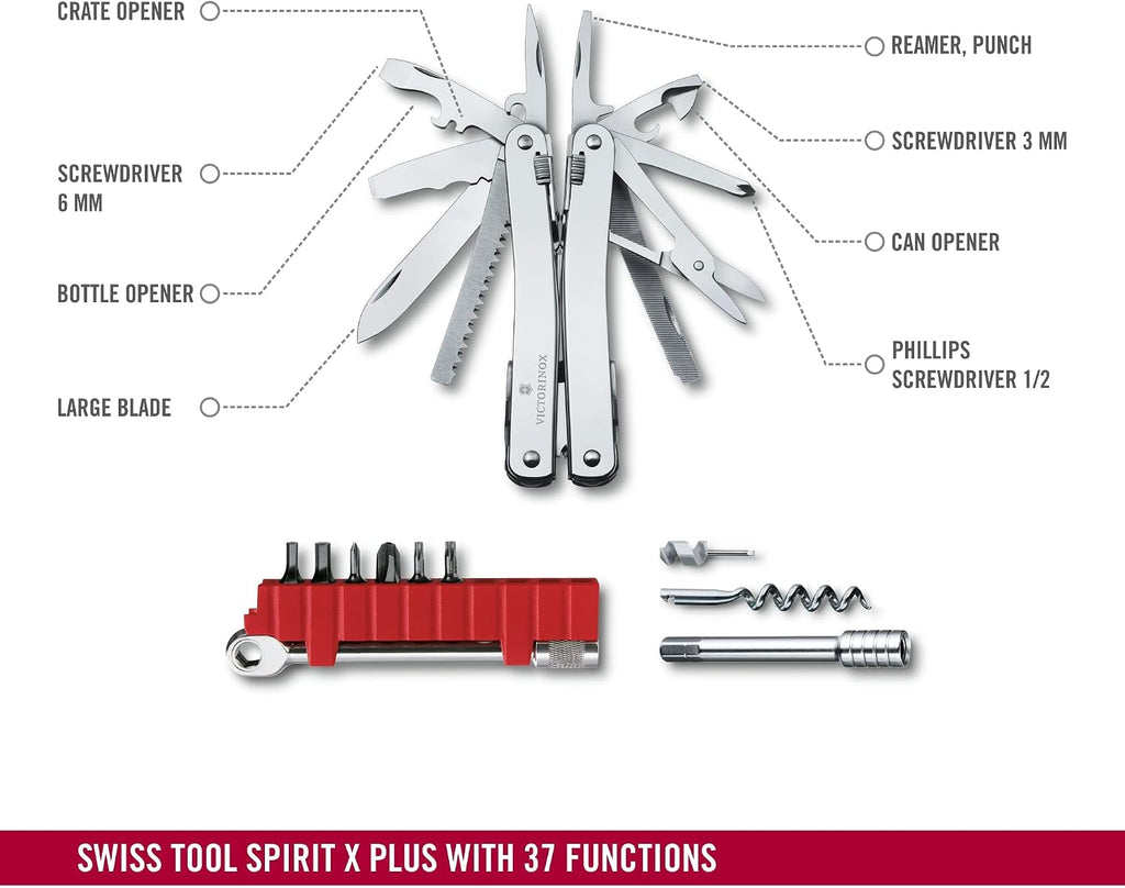 Victorinox Swiss Tool Spirit X Plus Ratchet Swiss Army Knife, 36 Function Swiss Made Multi-Tool with Needle-nose Pliers and Leather Pouch - Silver