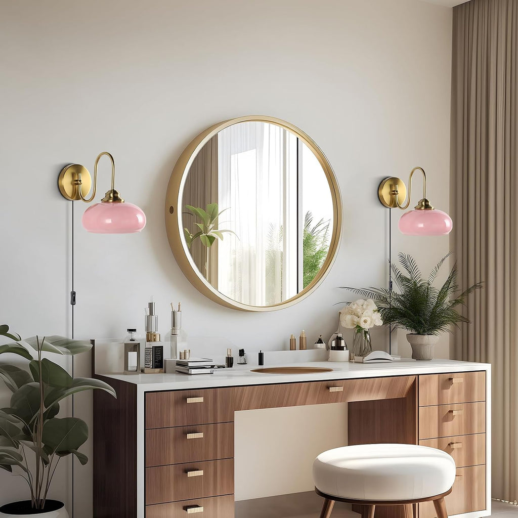 KCO Lighting Modern Pink Glass Wall Light Set of 2 Plug in Antique Brass Wall Sconce Pink and Gold Wall Sconces Bathroom Vanity Light Fixtures Plug in
