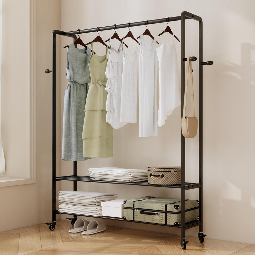 Black Rolling Garment Rack with Shelves and Hooks,Freestanding Metal Clothing Rack with Wheels,Large Clothes Hanging Rack for Bedroom,Closet, Entryway,Wardrobe,Boutique Display