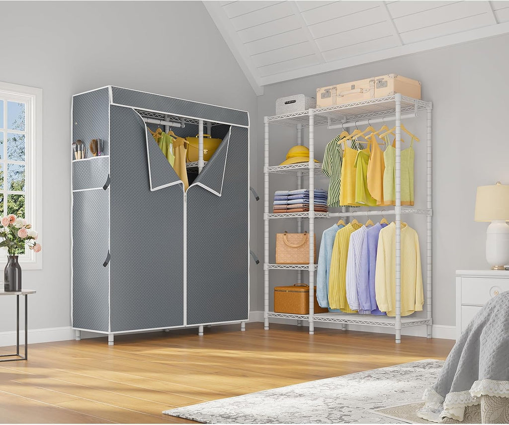 VIPEK V7C Garment Racks with Cover Portable Closets for Hanging Clothes, Heavy Duty Clothes Rack with Shelves Metal Closet Wardrobe, Max 670lbs, White Rack with Grey Upgraded Polyester Cover