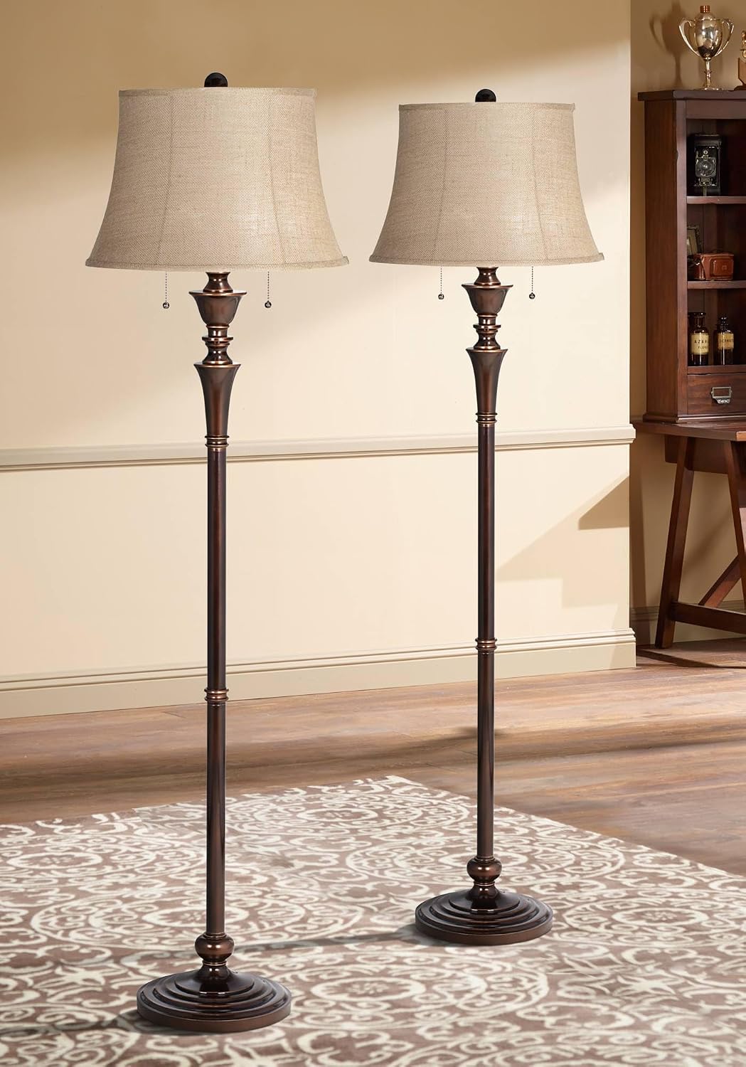Regency Hill Brooke Traditional 60' Tall Standing Floor Lamps Set of 2 Lights Pull Chain Brown Metal Bronze Finish Living Room Bedroom House Reading Office Home Decor Entryway Dining Indoor Family