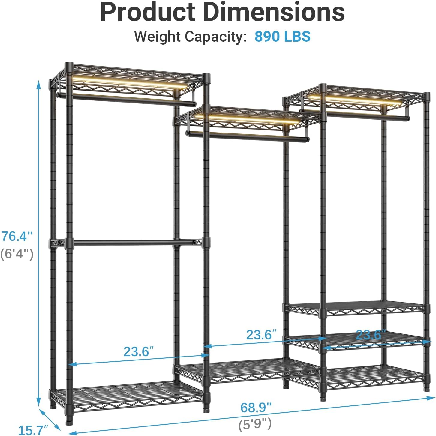 VIPEK V5L Garment Rack Heavy Duty with Dimmable LED Light, 3000K Warm White, Portable Closet Wardrobe Freestanding, Metal, for Hanging Clothes, Max Load 890lbs, Black