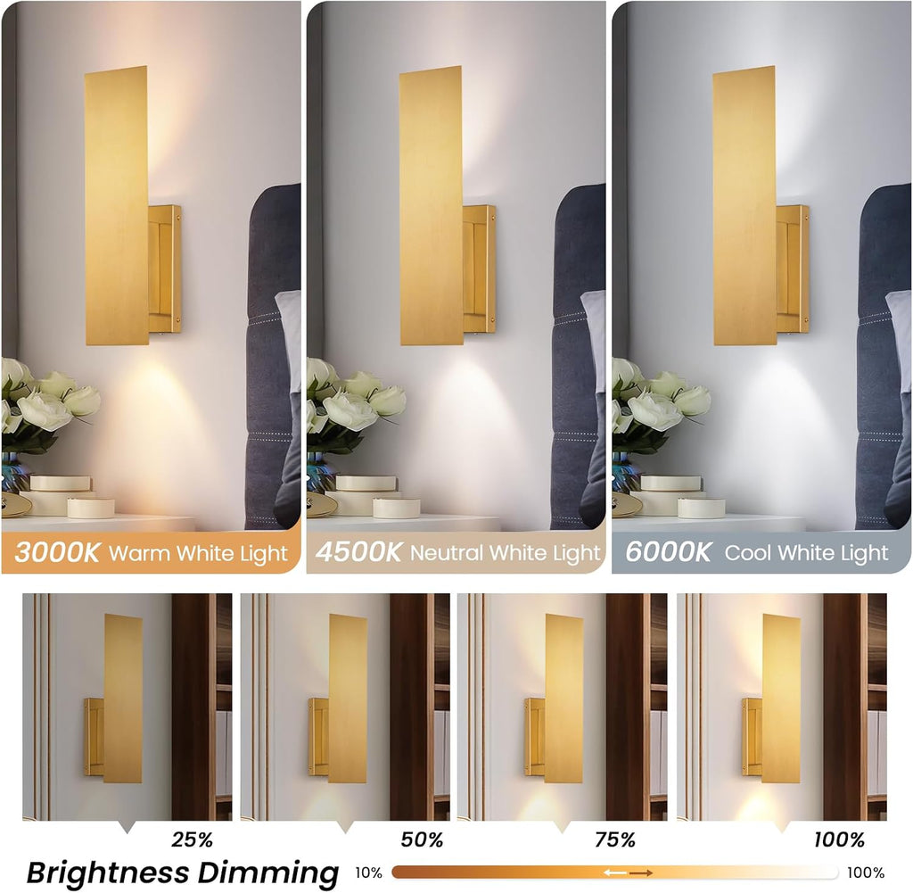 Gold Wireless Wall Sconces Set of Two,3000K-6000K Dimmable Battery Operated Wall Sconce with Remote,USB Rechargeable LED Wall Lights for Living Room Bedroom Hallway