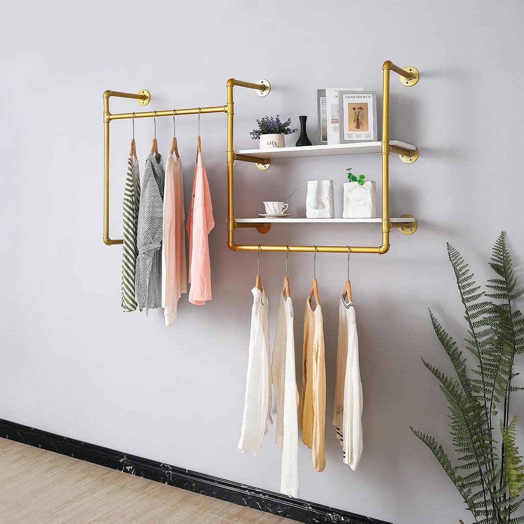 Industrial Pipe Wall-Mounted Clothing Rack with 2 Wood Shelves - Heavy Duty Double Rod Metal Garment Organizer for Bedroom/Retail Stores, Gold (30H×12.5D×59W inch)