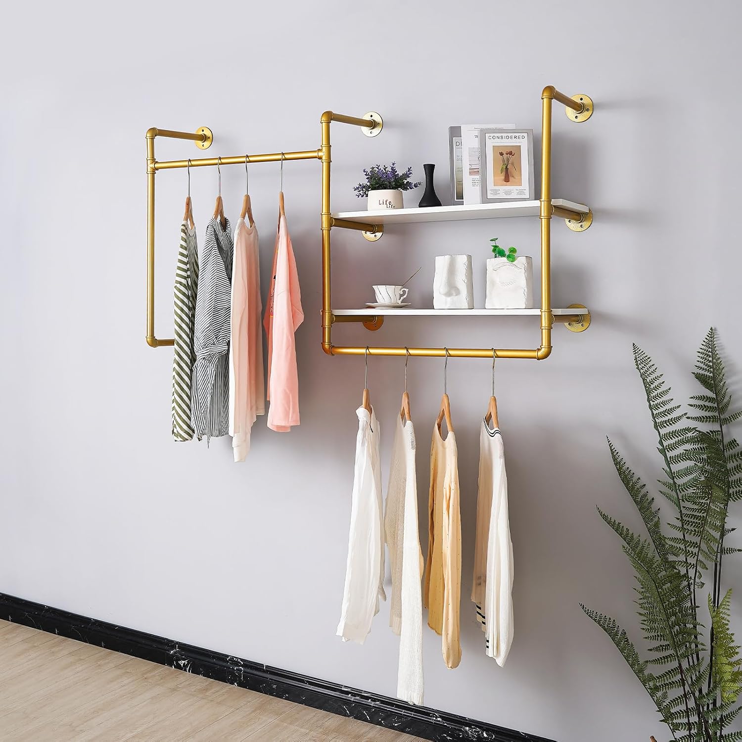 Industrial Pipe Wall-Mounted Clothing Rack with 2 Wood Shelves - Heavy Duty Double Rod Metal Garment Organizer for Bedroom/Retail Stores, Gold (30H×12.5D×59W inch)