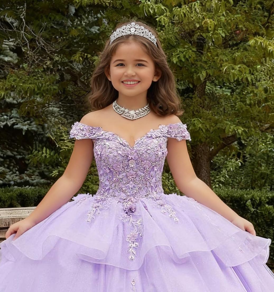 Crystal Lace Applique Flower Girl Dress Layered 3D Floral First Communion Dresses Off Shoulder Girls Pageant Dresses