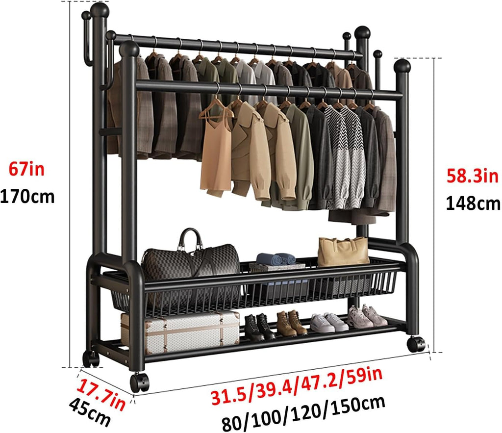 Heavy Duty Clothes Rack, Rolling Garment Rack With Wheels, Clothing Racks, Metal Portable Wardrobe Closet Racks For Bedroom, Entry Hall(White,100cm/39.4in)