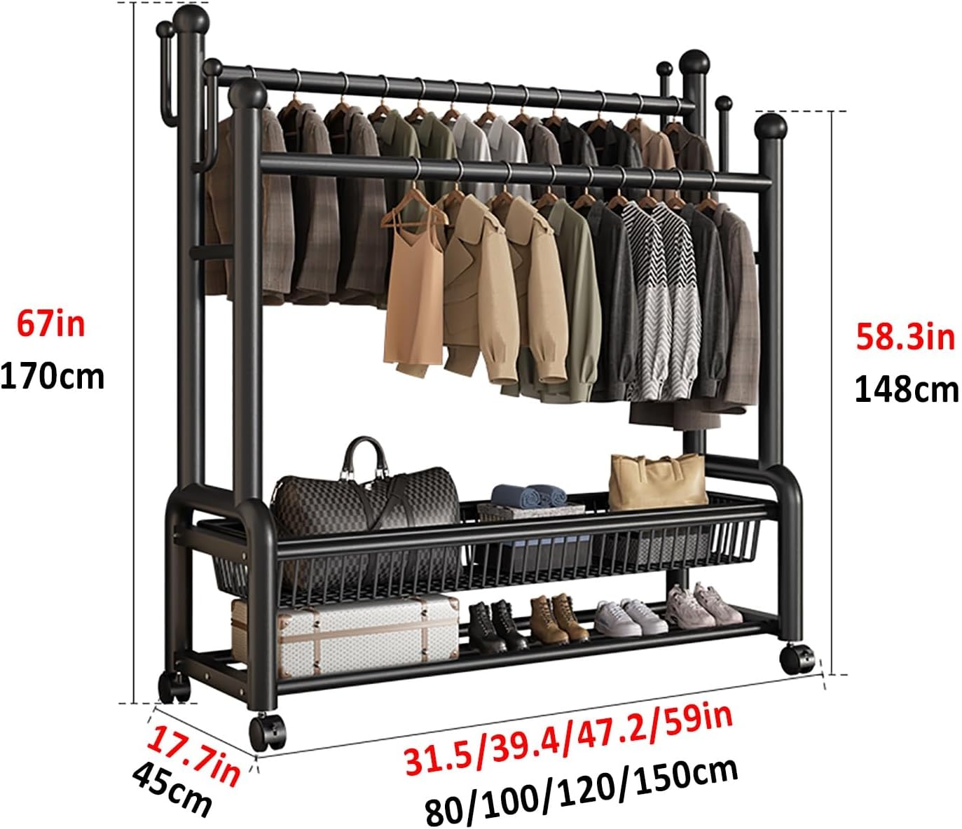 Heavy Duty Clothes Rack, Rolling Garment Rack With Wheels, Clothing Racks, Metal Portable Wardrobe Closet Racks For Bedroom, Entry Hall(White,100cm/39.4in)