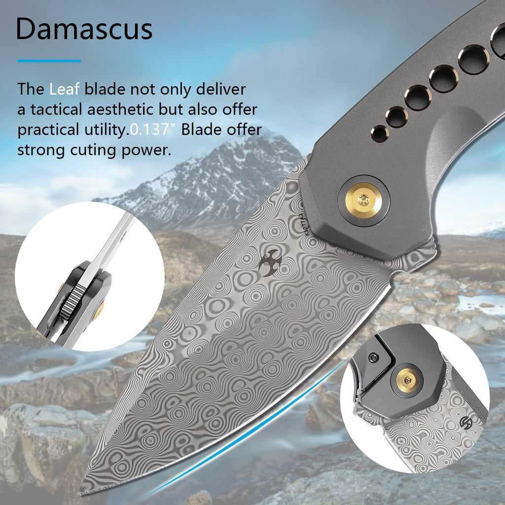 KANSEPT ODD 21 Pocket Folding Knives for Camping Hiking Folding Knife 3.06'' Damascus Blade EDC Knife with Grey Anodized Titanium with Bronze Holes Handle for Men and Women Everyday Carry K1077A2