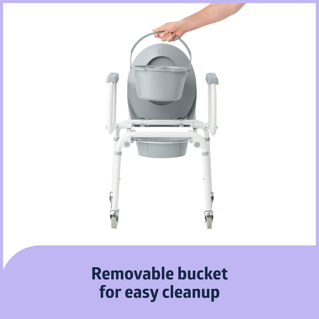 Medline Aluminum Drop-Arm Bathroom Chair Commode with 4 Locking Casters, 300 lbs. Capacity, for Restroom, Elderly, Adults, Bariatric & Wheelchair Transfer to Toilet