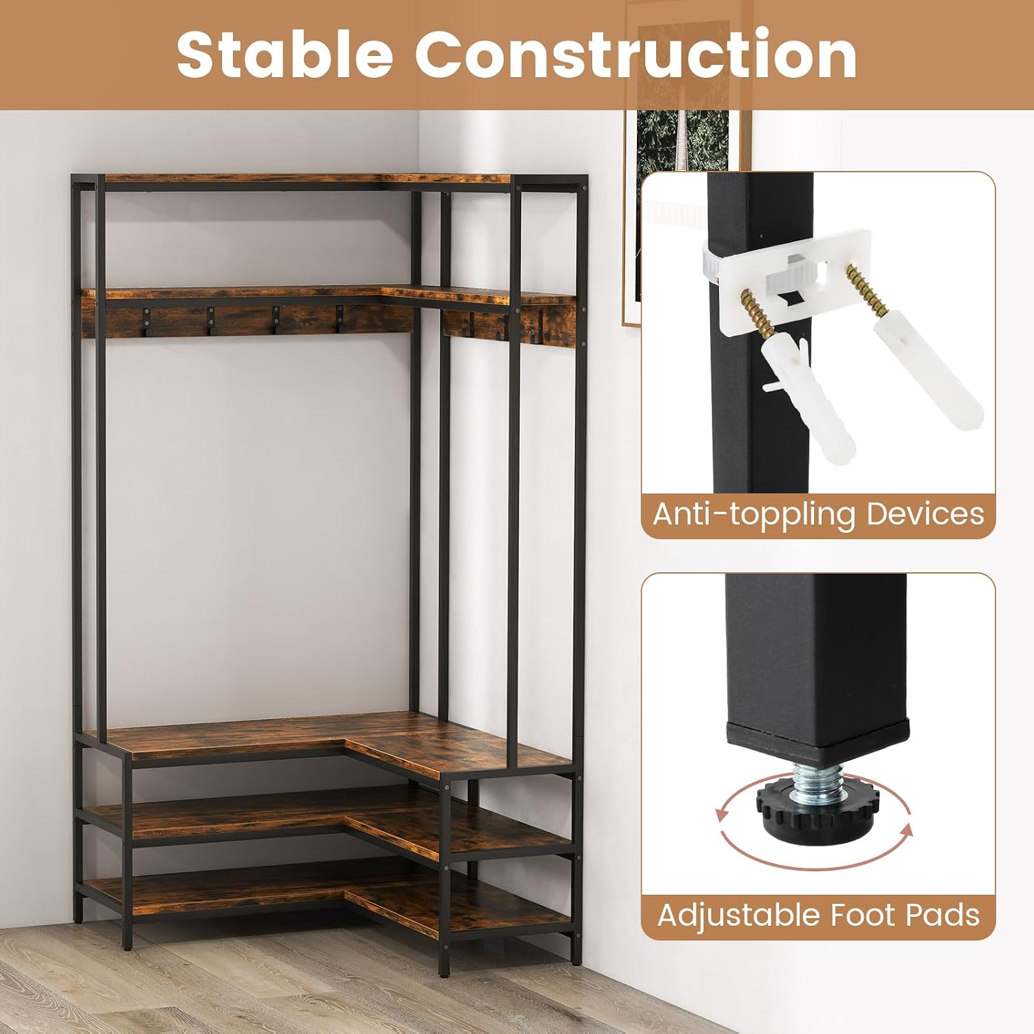 Giantex Corner Coat Rack with Shoe Bench, L-Shaped Garment Rack with 5 Shelves & 7 Hooks, Heavy Duty Freestanding Clothes Rack Entryway Bench with Shoes Organizer for Hallway (Rustic Brown & Black)