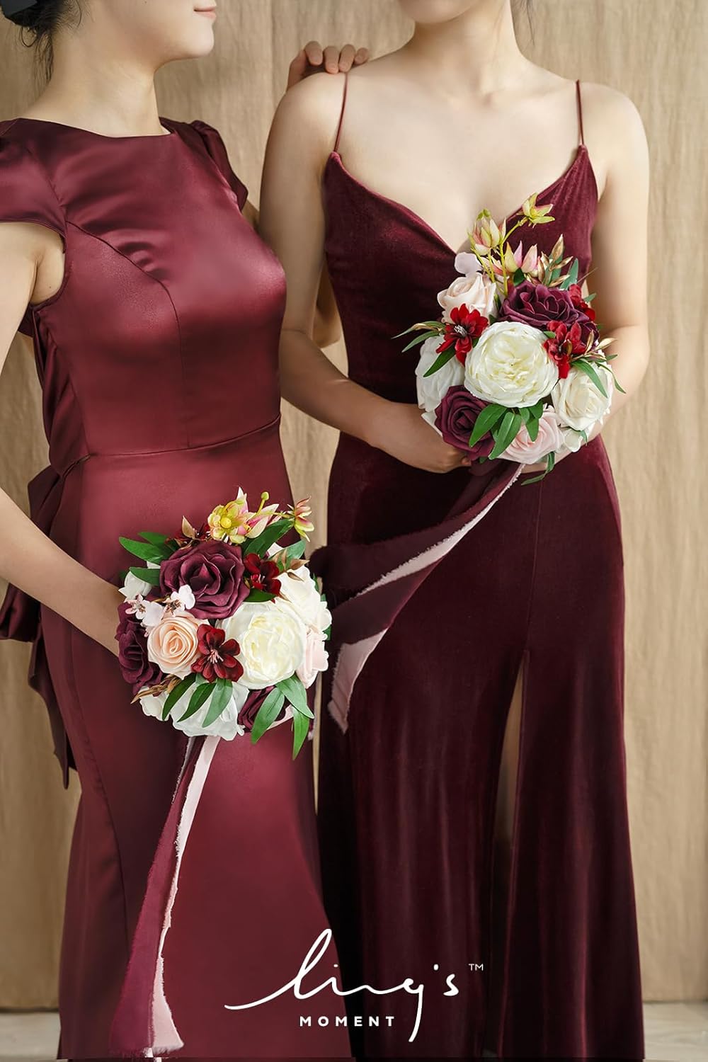 Ling's moment Wedding Artificial Flowers Package, Bridal Bouquet, Bridesmaid Bouquets, Boutonniere for Men, Rose Petals.Burgundy Blush