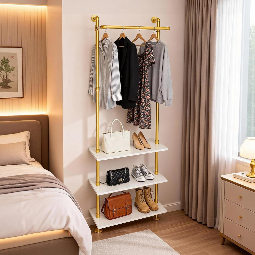 Gold Clothing Racks Wall Mounted Metal Clothes Rack with 3 Wood Shelves, Display Retail Clothing Garment Rack and Walk In Closet for Hanging Clothes Heavy Duty for Boutiques, Wardrobe, Bedroom