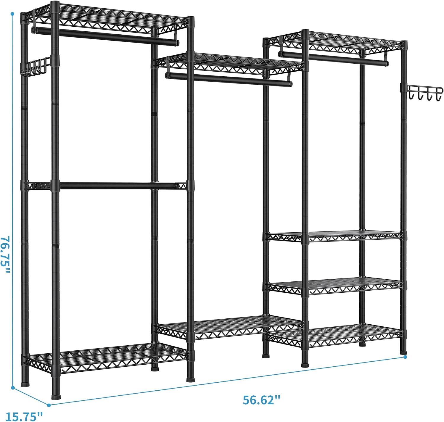 Golpart Heavy Duty Garment Rack Clothes Rack,Large Metal Closet Organizer System Storage Wardrobe,Freestanding Clothing Rack with 8 Adjustable Wire Shelves&4 Hang Rods,MaxLoad 800lbs