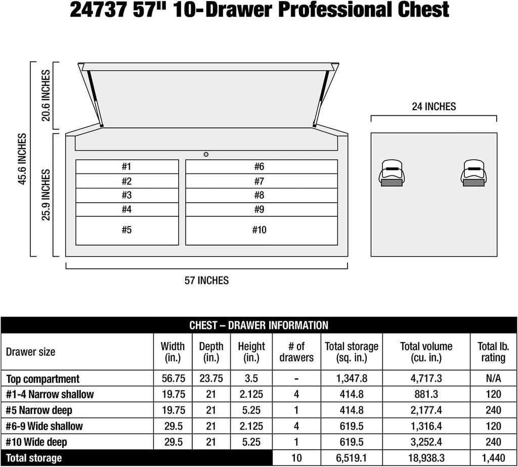 OEMTOOLS 24737 57 Inch Tool Chest, Professional Garage Storage Cabinet, Gifts for Men, Dad Gifts, Locking Steel Organizer with Gas Struts, Tool Cabinet