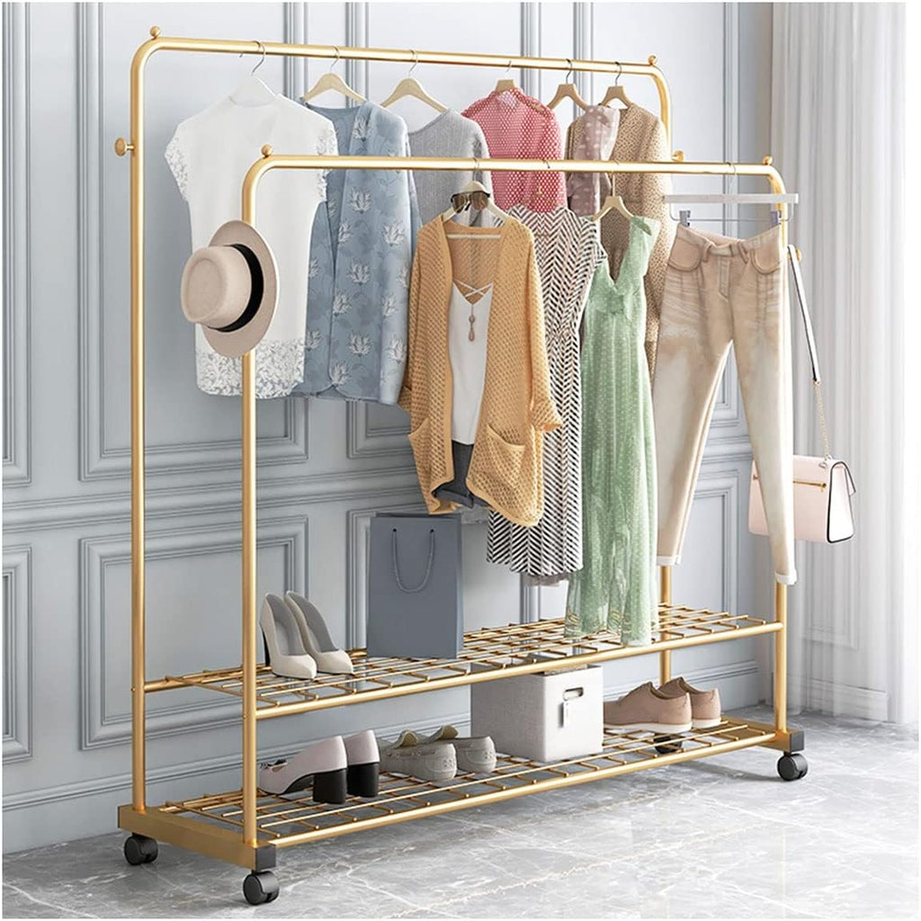 Clothing Rack Rolling Clothes Rack on Wheels Double Rods Garment Rack with 2-Tier Shelves Can Storage Clothes Shoes Baskets Boots and Bags Umbrellas/Gold/120Cm (Gold 120Cm)